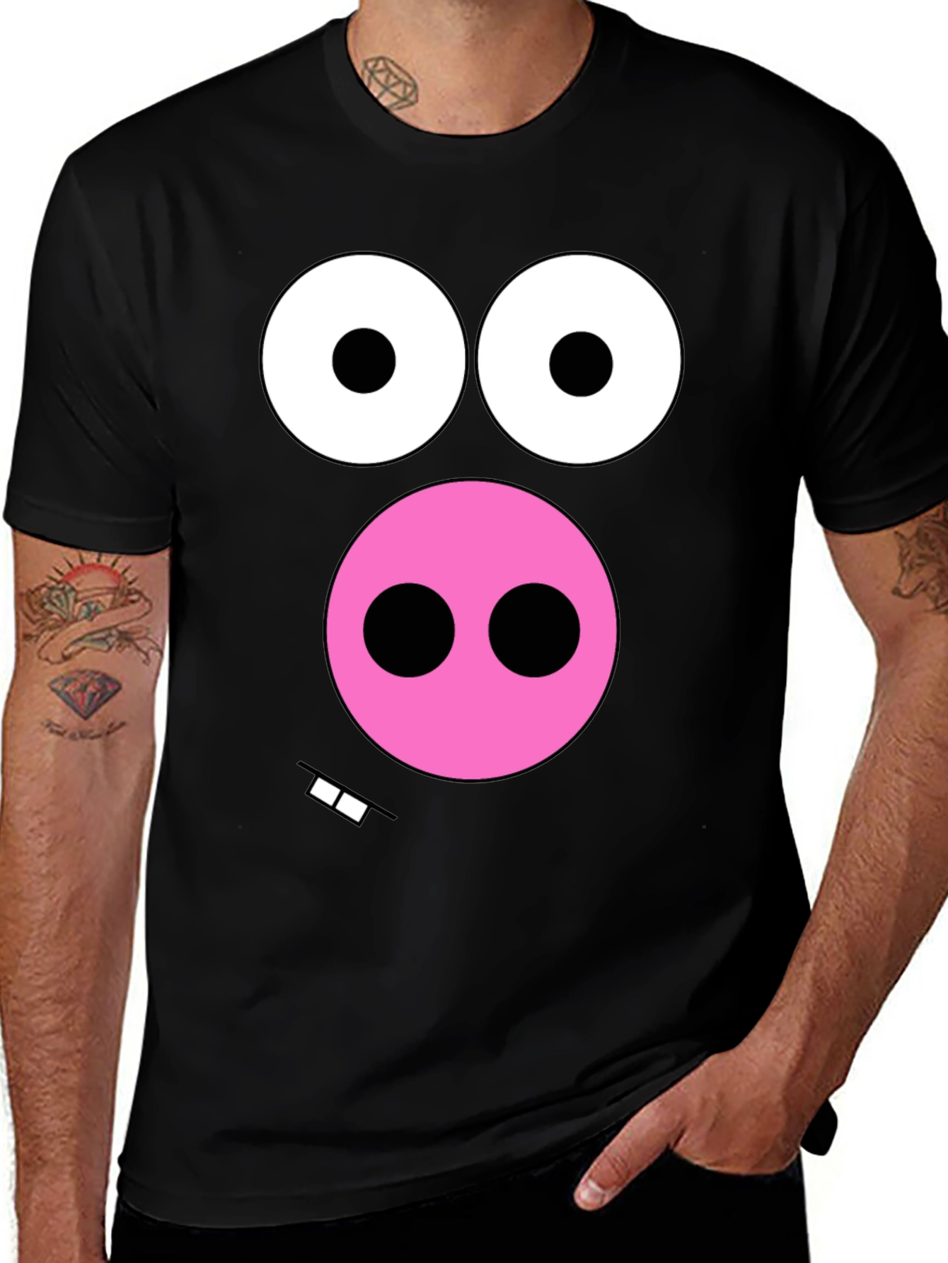 Variant 16 of Funny Pig Face Graphic Tee - Black Cotton T-Shirt