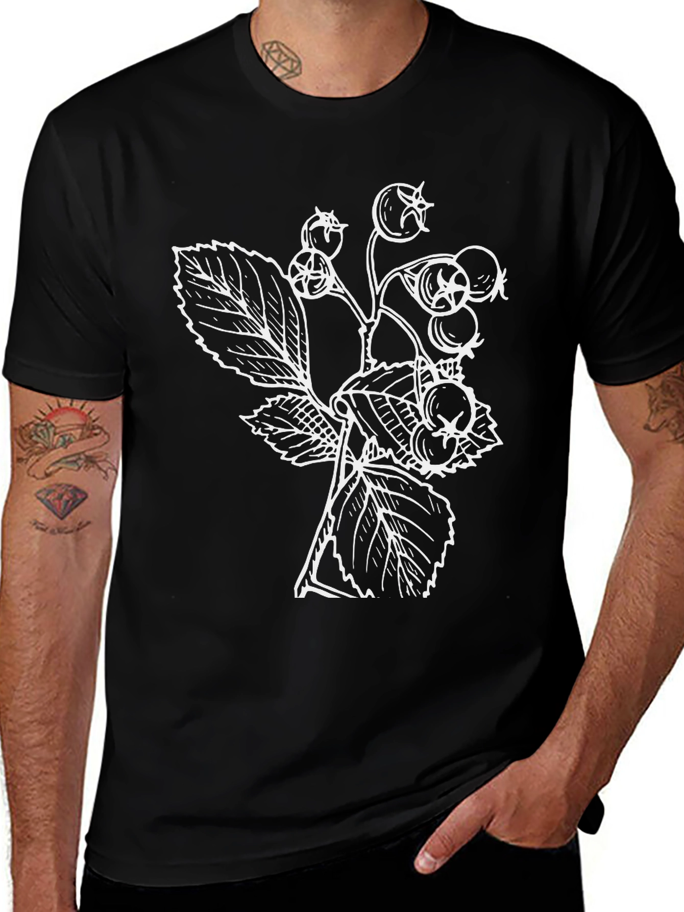 Variant 15 of Nature Inspired Black T-Shirt with Botanical Print
