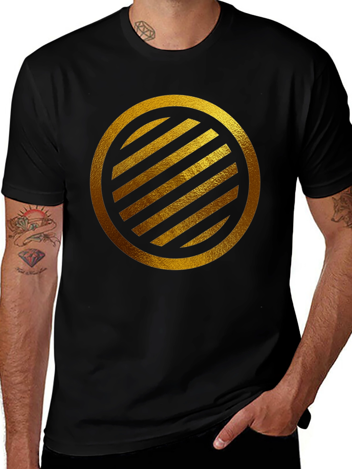 Gold Striped Circle on Black T-Shirt