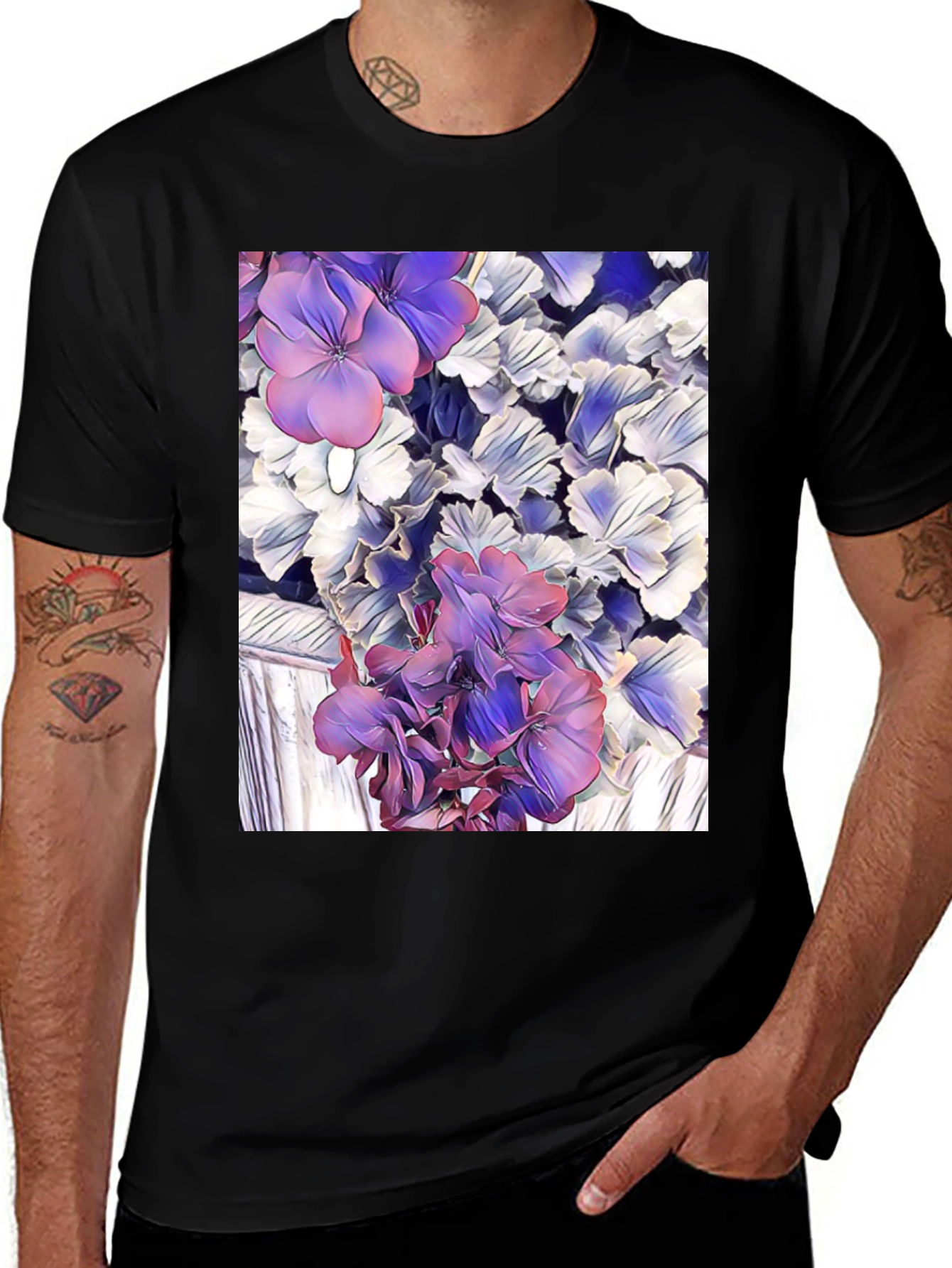 Variant 11 of Floral Print Black T-Shirt - Unique Artistic Design