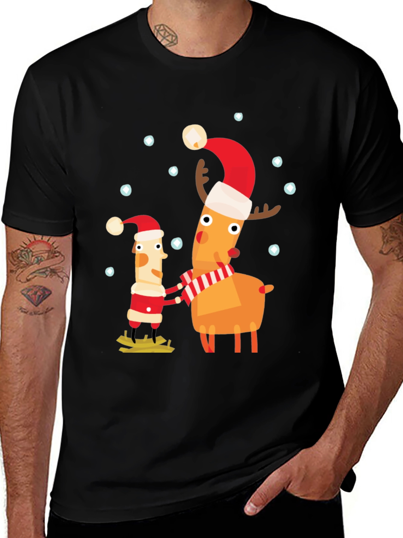 Festive Holiday Cartoon Graphic Tee - Black