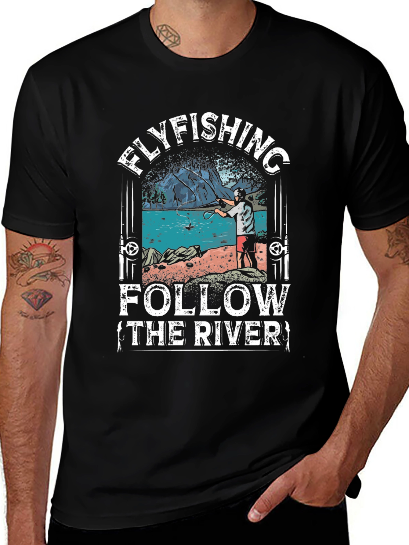 Flyfishing Follow The River Black Graphic Tee