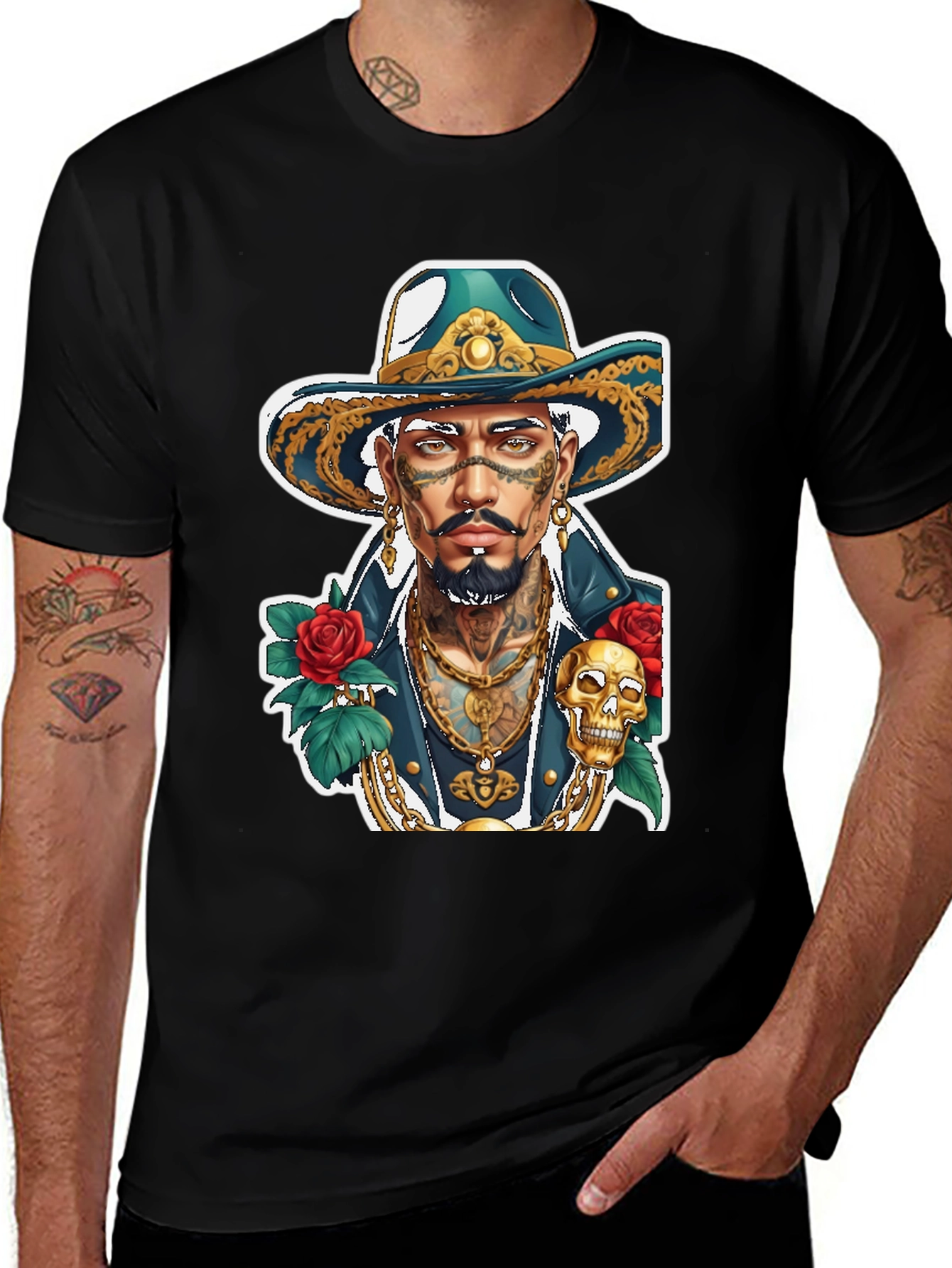 Variant 5 of Tattooed Man Graphic T-Shirt - Skull & Roses Design