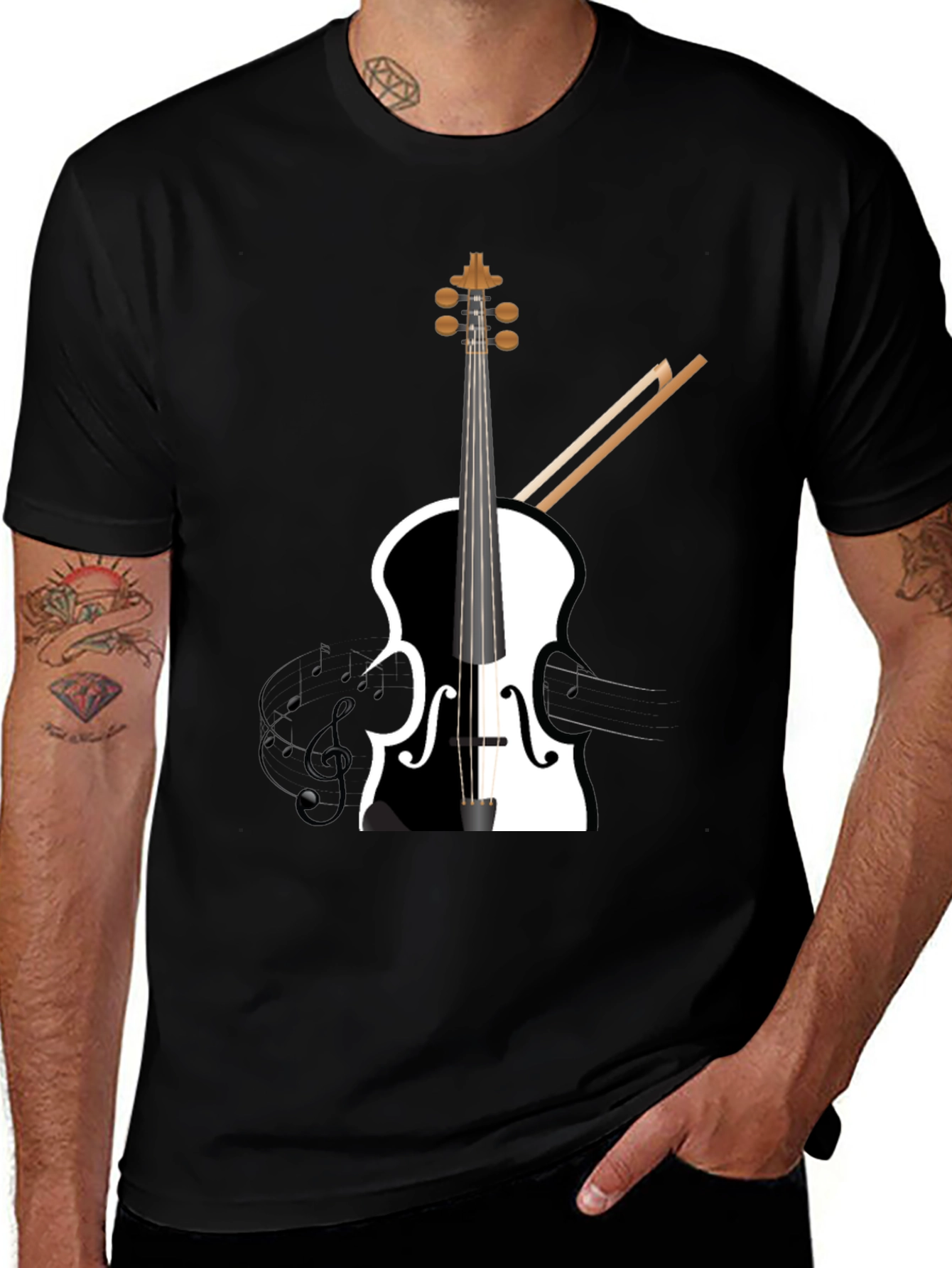 Variant 23 of Musical Harmony Tee: Black & White Violin Design