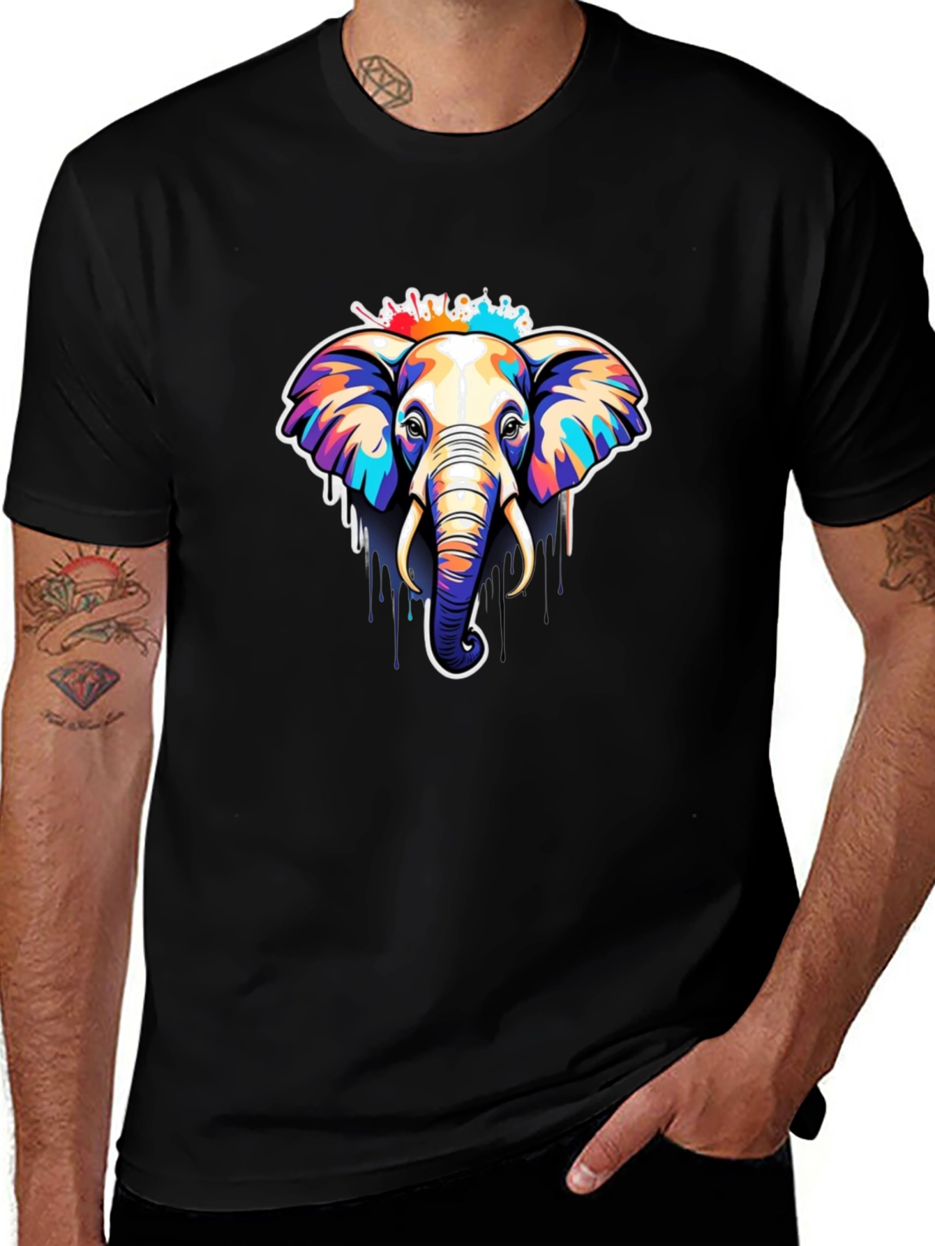 Elephant Art Graphic Black T-Shirt