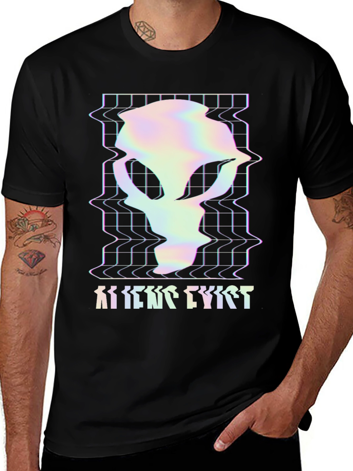 Variant 26 of Alien Exist T-Shirt: Holographic Glitch Design