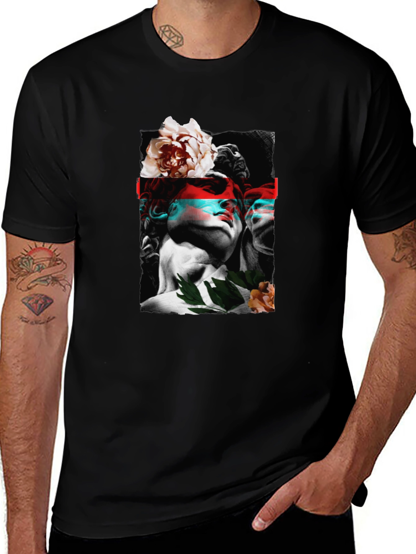 Variant 17 of Statue & Floral Graphic Print Black T-Shirt