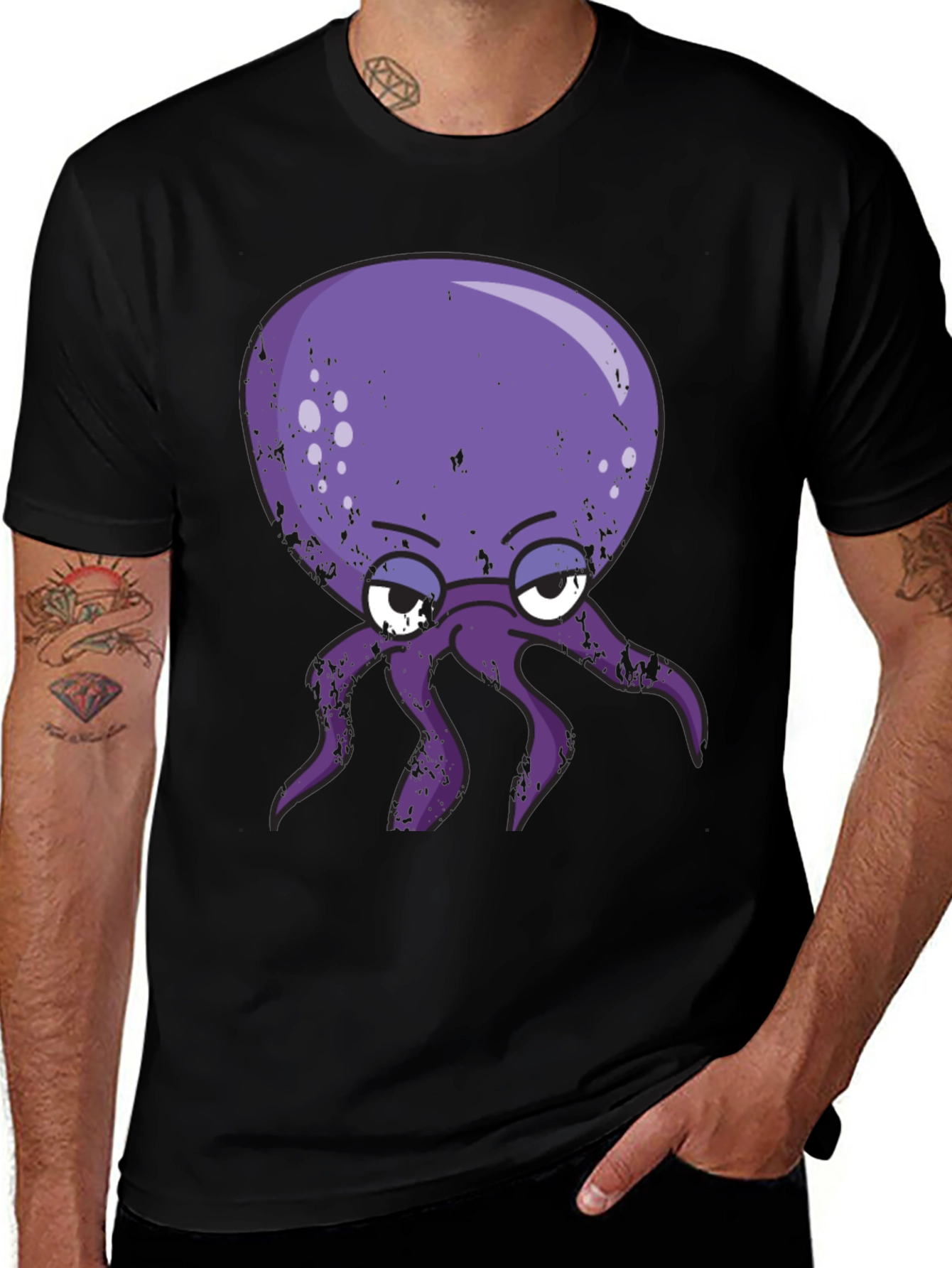 Variant 21 of Grumpy Octopus Graphic T-Shirt - Black Cotton Tee