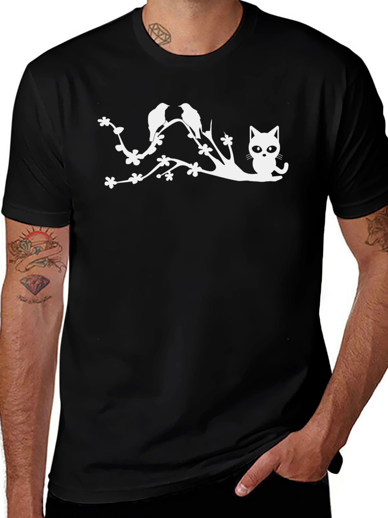 Variant 15 of Whimsical Cat & Bird T-Shirt - Black Cotton Tee