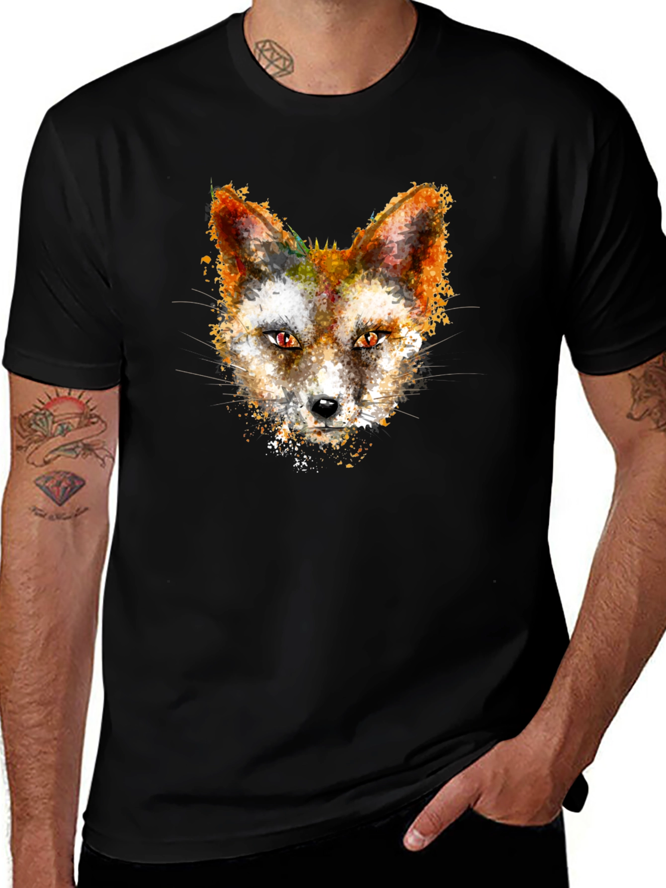 Variant 21 of Fox Watercolor Graphic Print Black T-Shirt