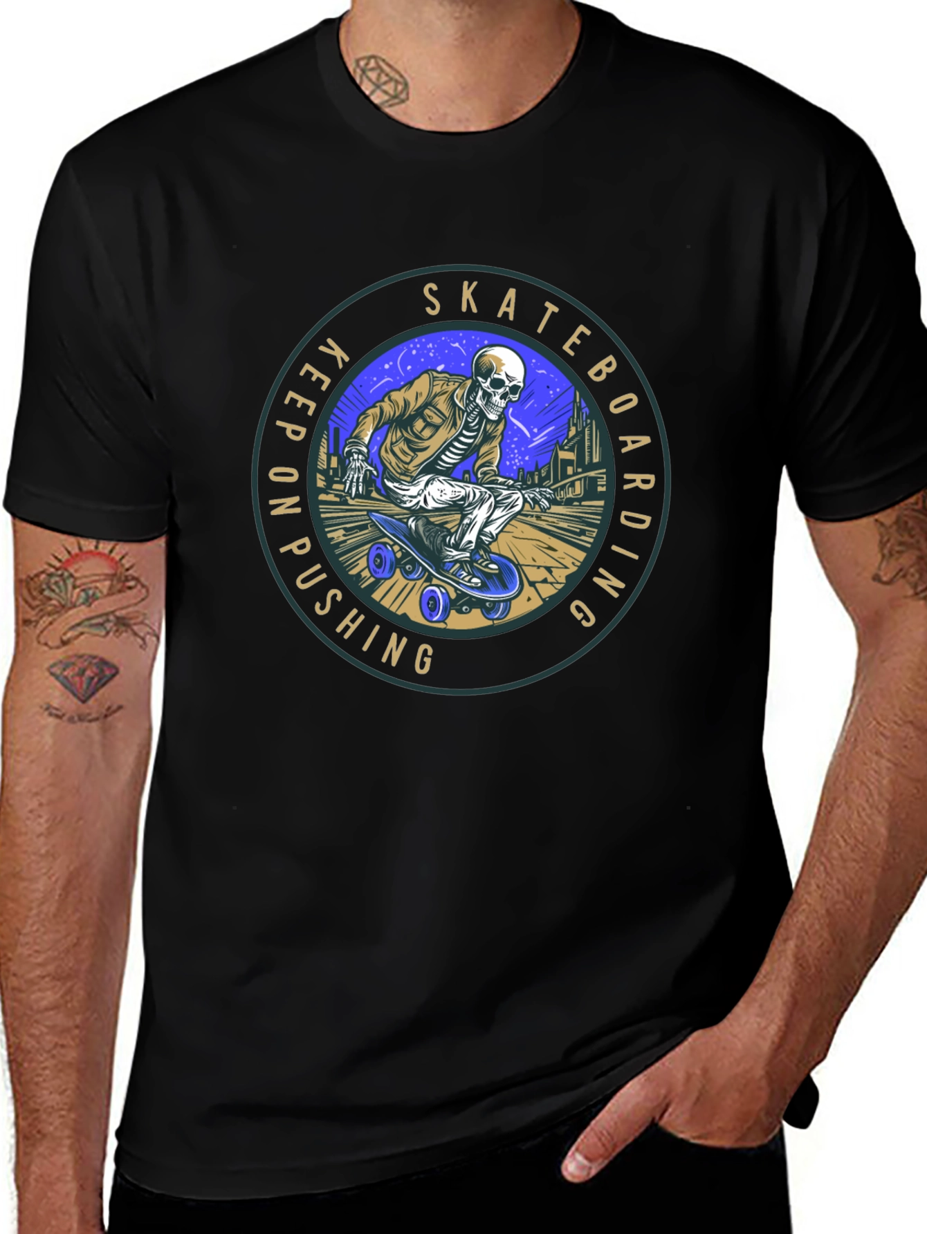 Black Skateboarding Skeleton Graphic T-Shirt main image