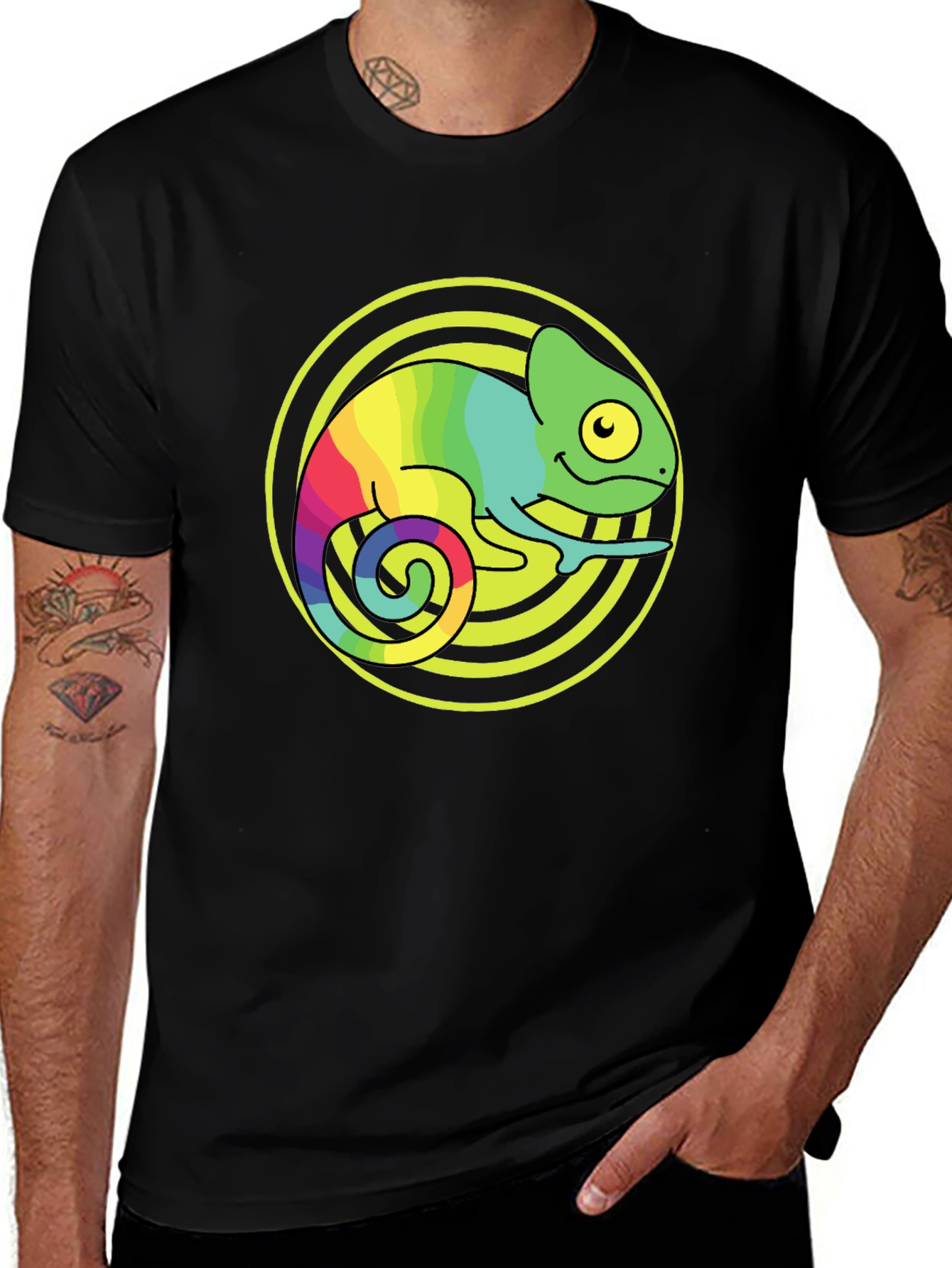 Variant 11 of Rainbow Chameleon Graphic Print Black T-Shirt