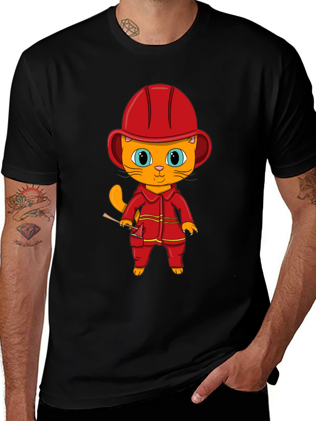Variant 22 of Firefighter Cat Graphic Tee - Black Cotton T-Shirt