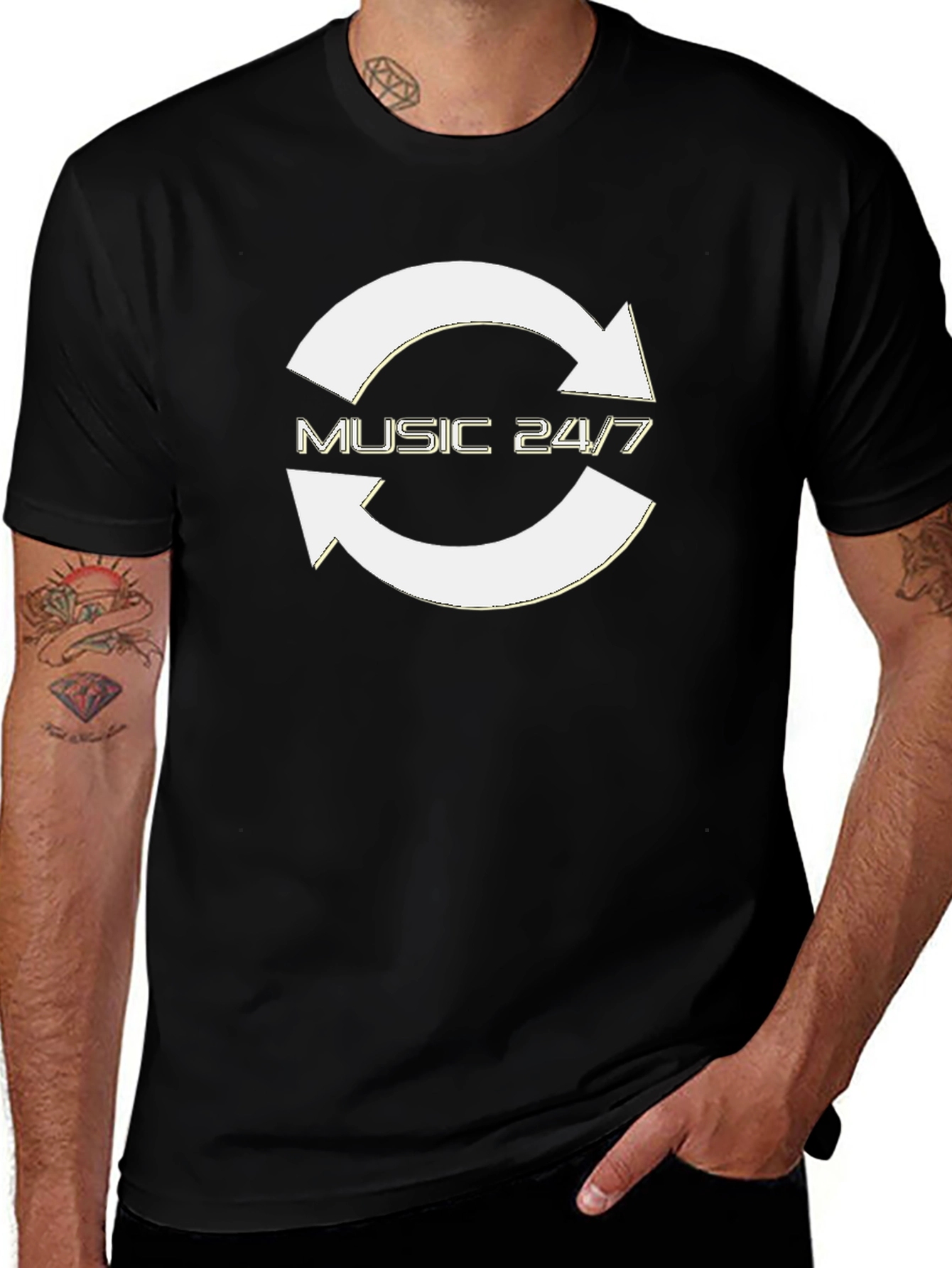 Variant 25 of Music 24/7 Black T-Shirt with Arrow Graphic