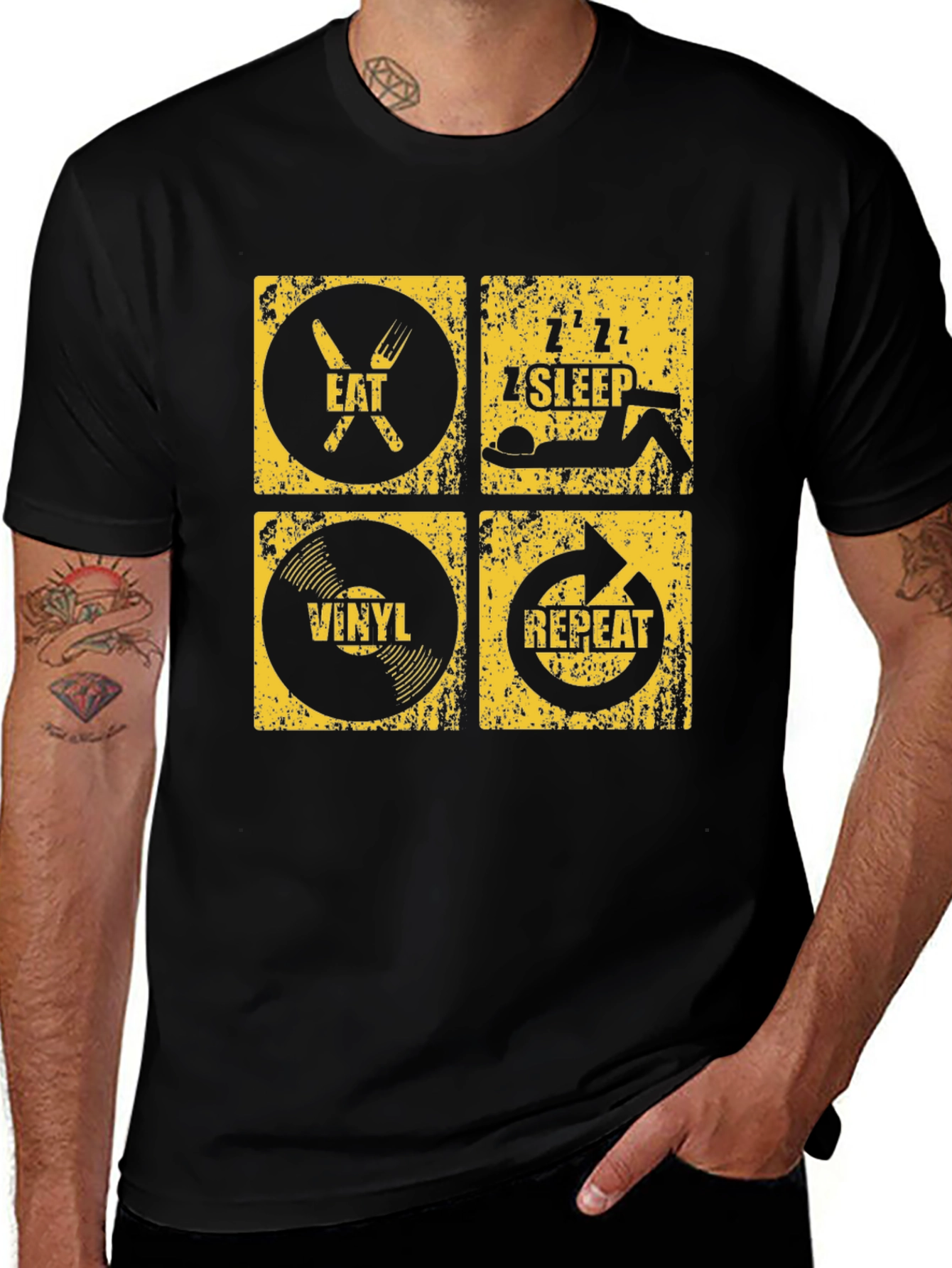 Variant 22 of Eat Sleep Vinyl Repeat Graphic Tee - Black T-Shirt