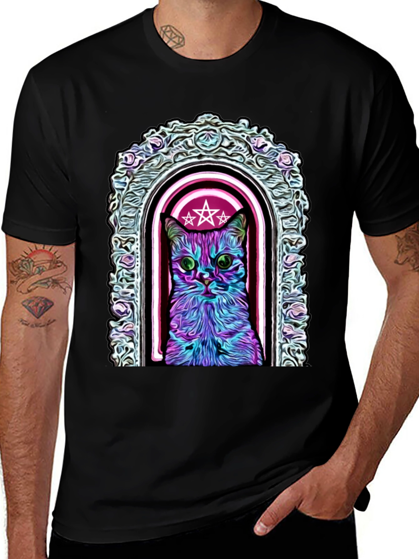 Variant 30 of Mystic Cat T-Shirt - Gothic Pentagram Design