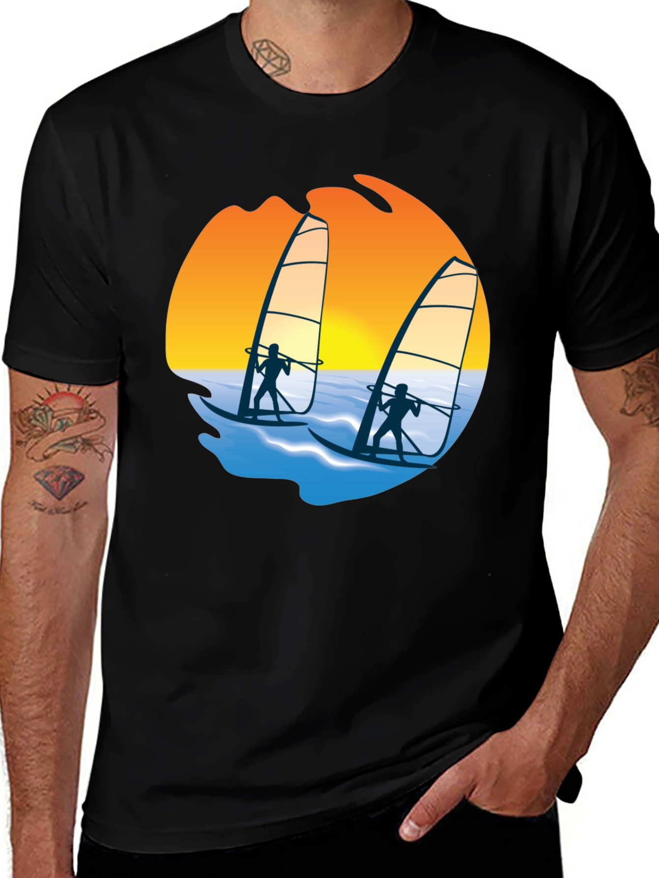 Variant 28 of Windsurfer Sunset Graphic Tee - Black Cotton T-Shirt
