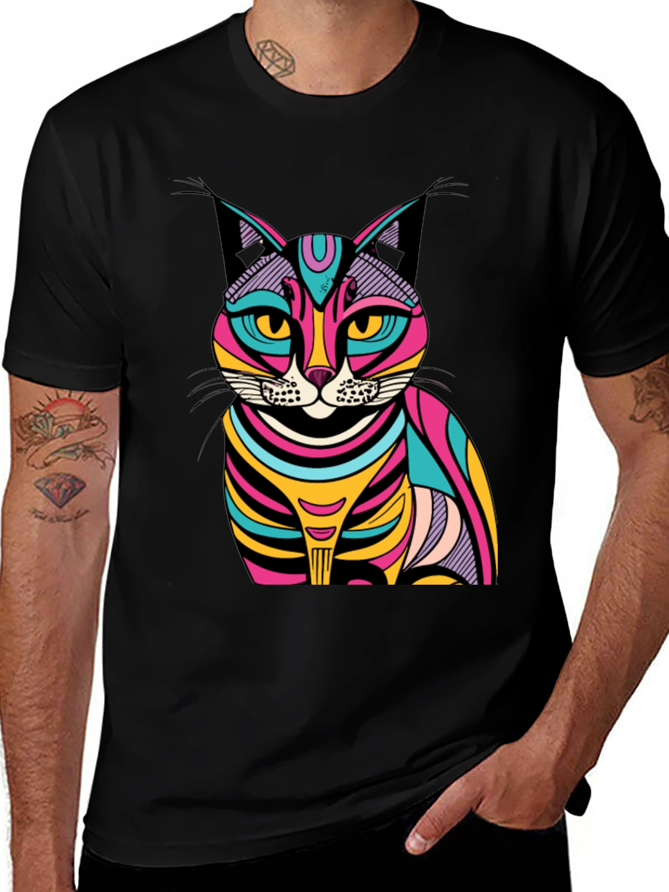 Variant 7 of Vibrant Cat Graphic Tee - Stylish Men's Black T-Shirt