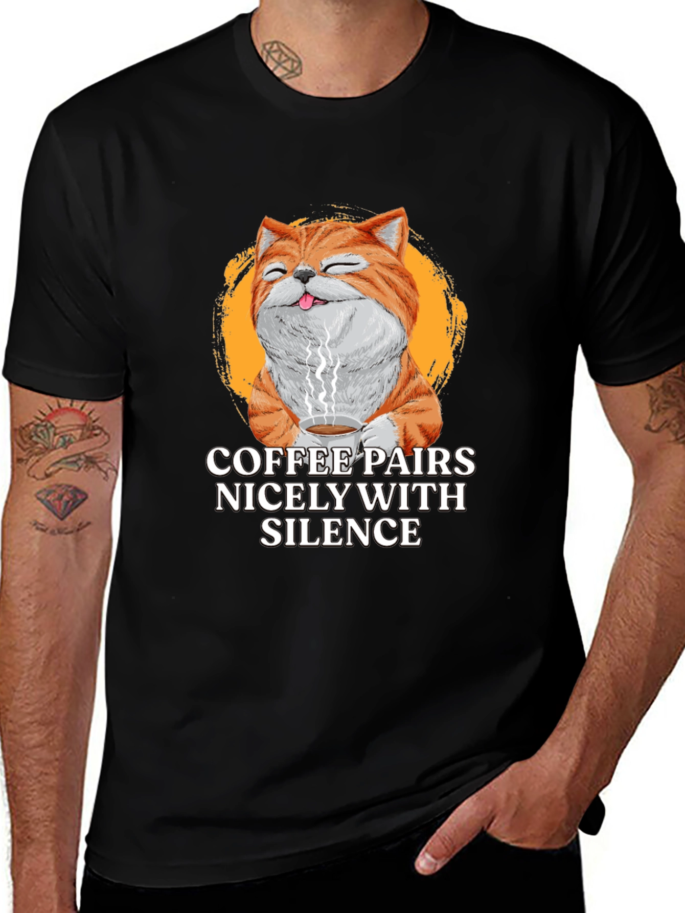 Variant 27 of Coffee and Silence Cat Graphic Tee - Black