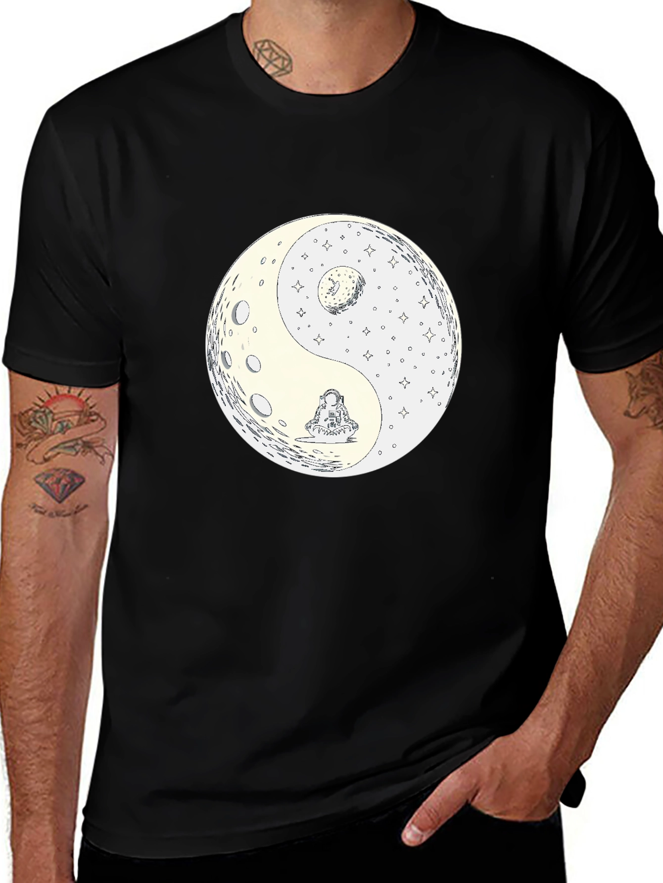 Yin Yang Moon Graphic Tee - Casual Black T-Shirt