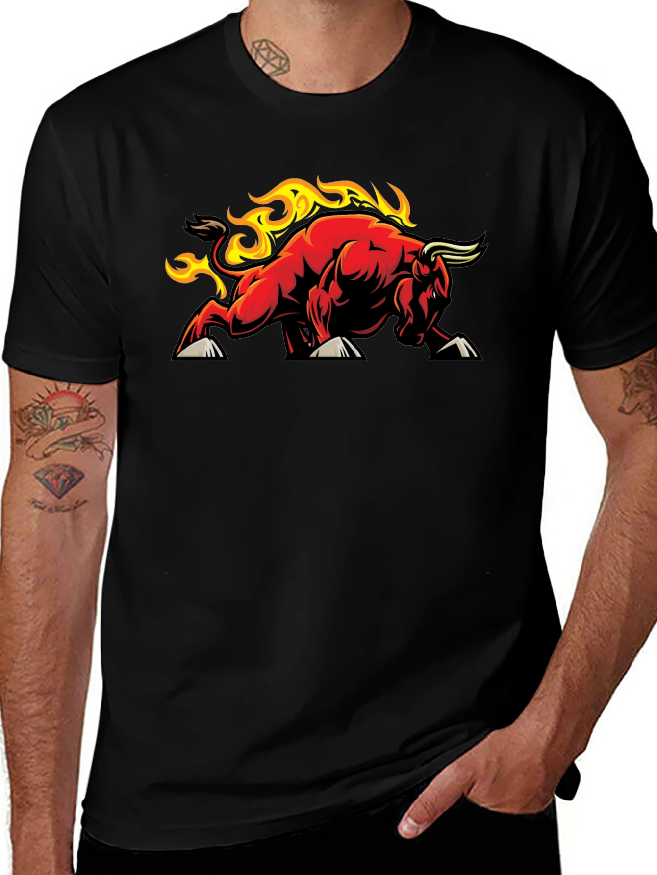 Variant 26 of Fiery Bull Graphic Tee - Black Cotton T-Shirt