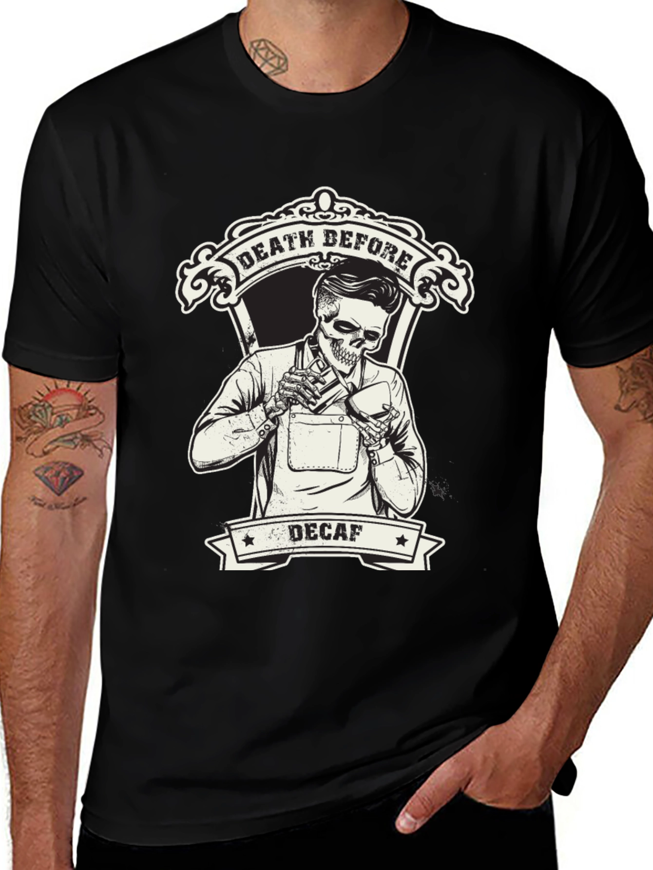Variant 6 of Death Before Decaf Graphic Tee - Cool Skull Design