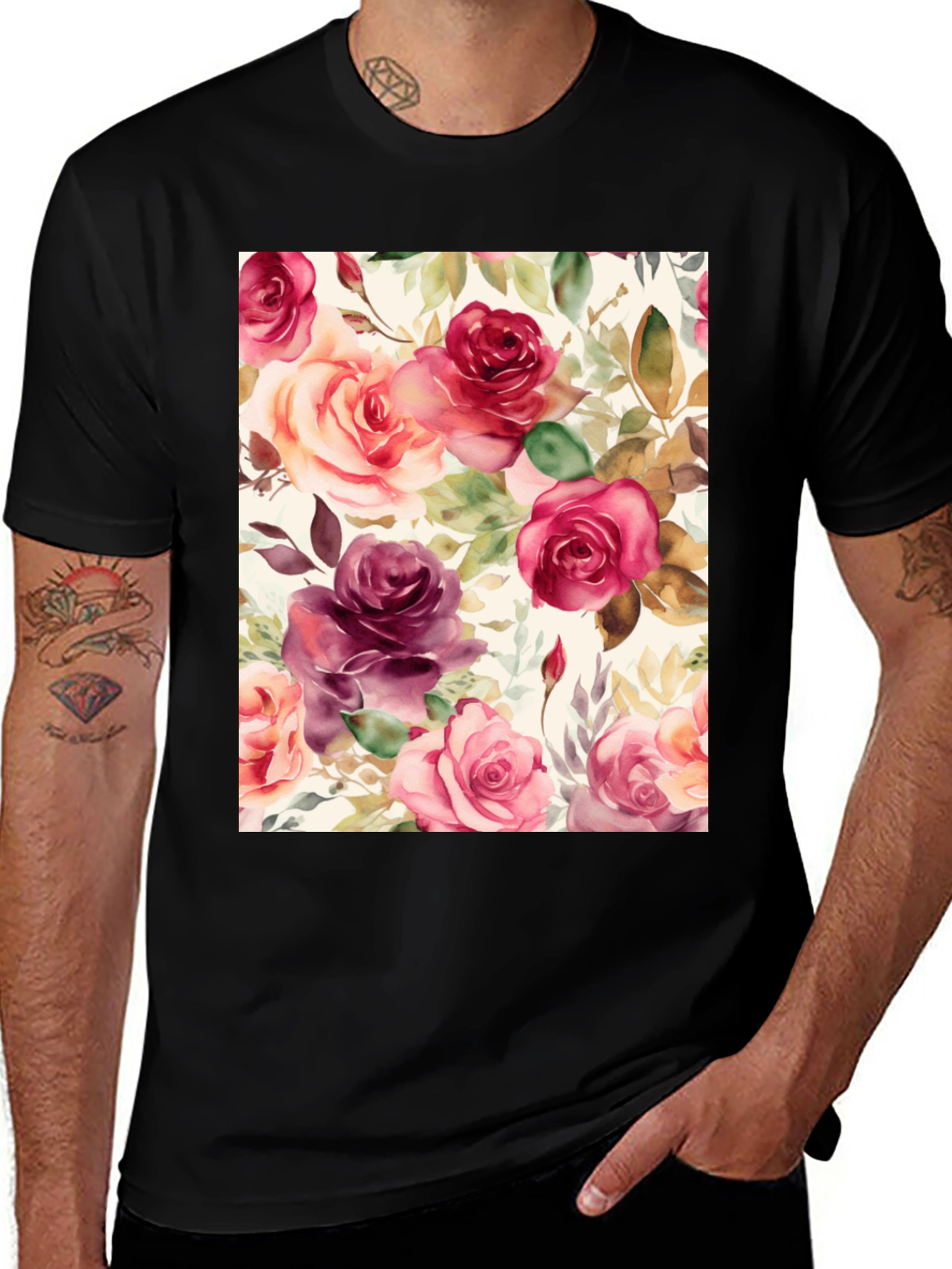 Variant 14 of Floral Rose T-Shirt - Watercolor Design, Black