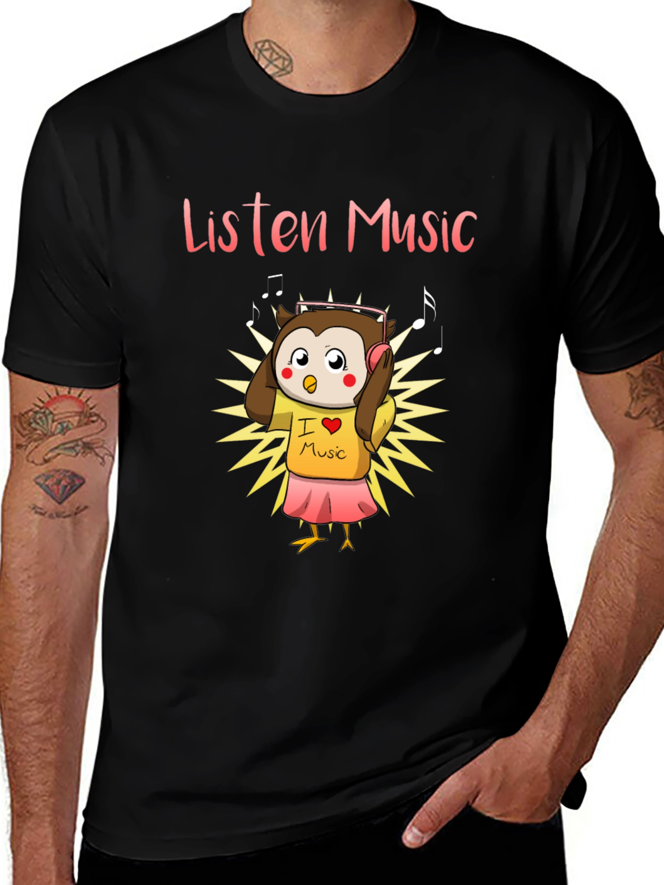 Variant 30 of Listen Music Owl Graphic Tee - Black Cotton T-Shirt