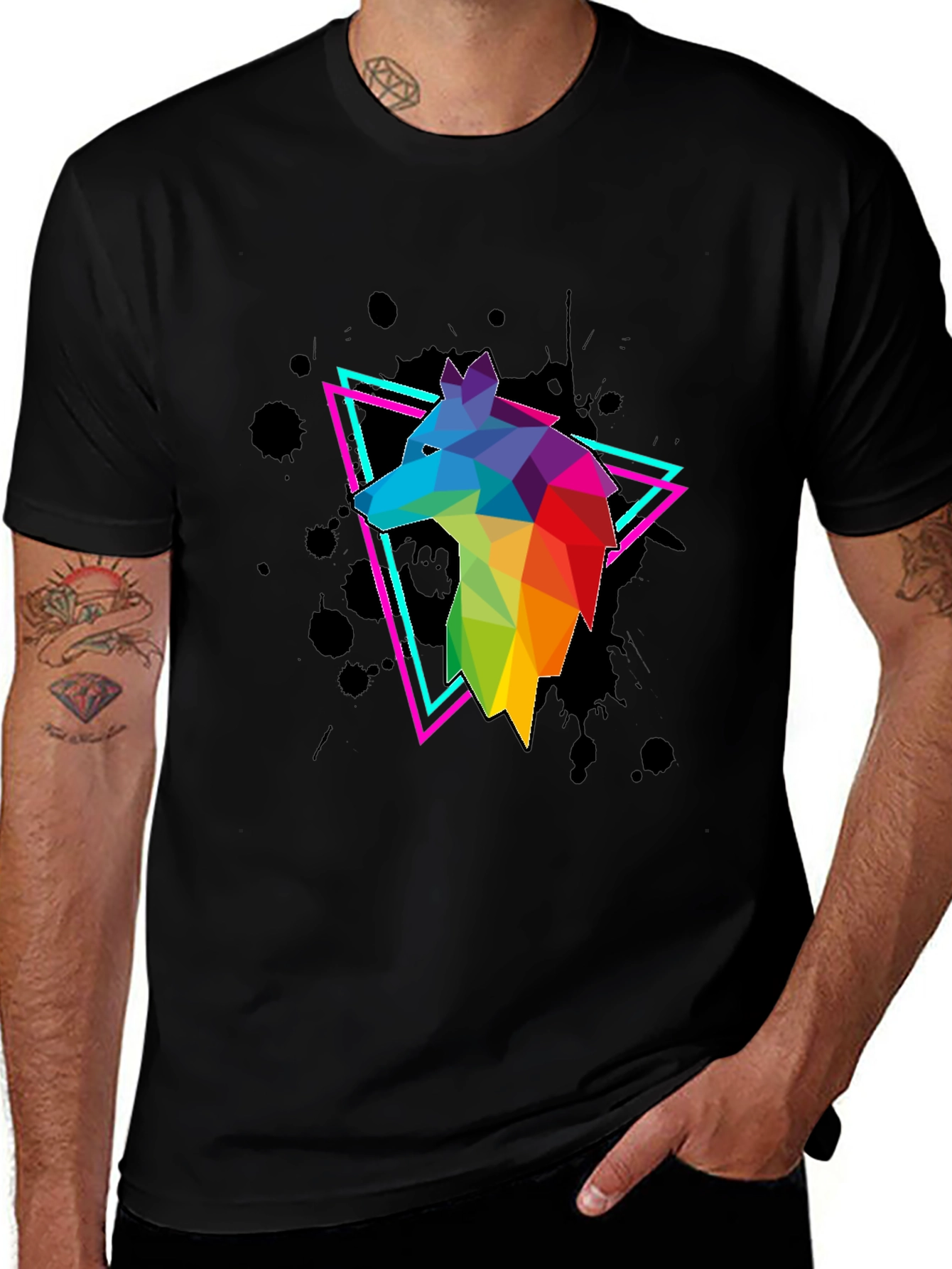 Variant 14 of Geometric Wolf Graphic Tee - Men's Black T-Shirt