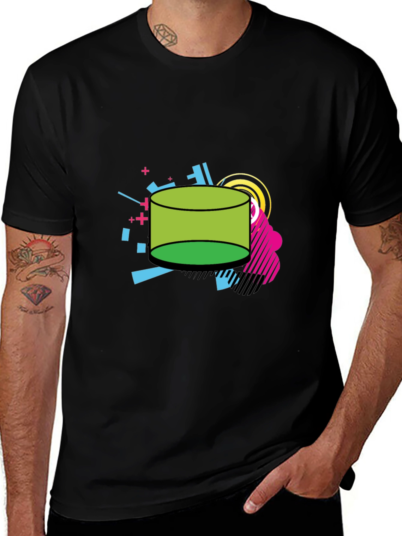 Retro Geometric Green Cylinder Black T-Shirt