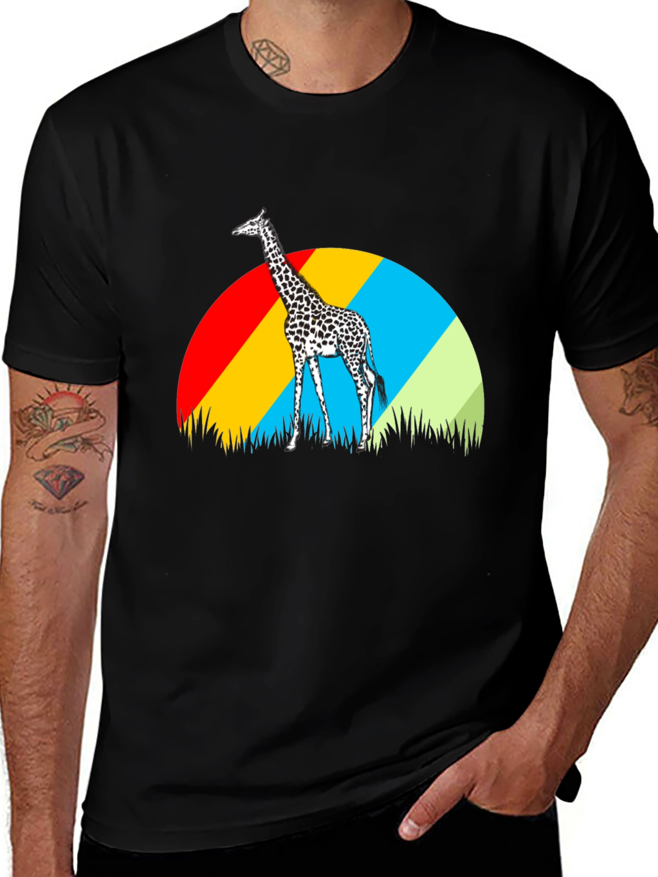 Variant 2 of Giraffe Sunset Graphic Tee - Black Cotton T-Shirt