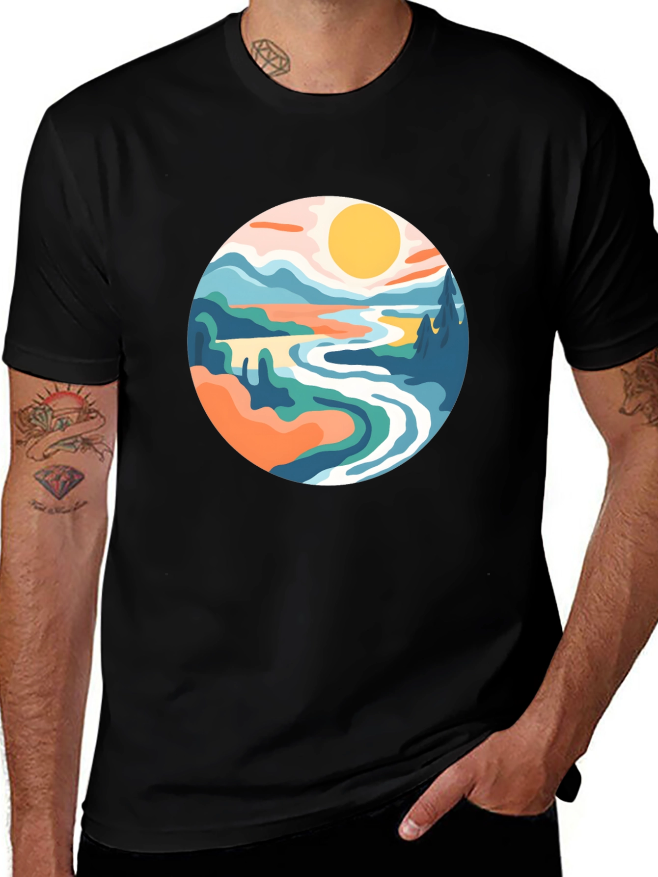 Variant 13 of Nature Landscape Graphic Tee - Black Cotton Casual Shirt