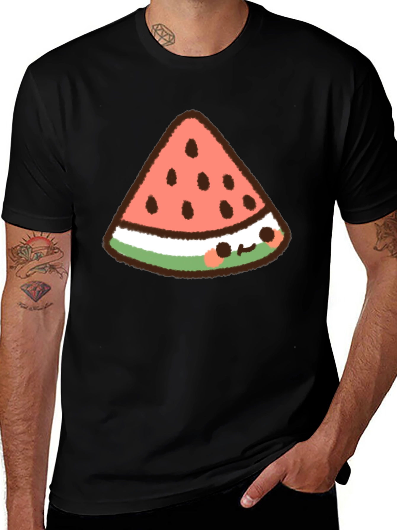 Variant 23 of Kawaii Watermelon Slice Graphic Tee - Black Cotton T-Shirt