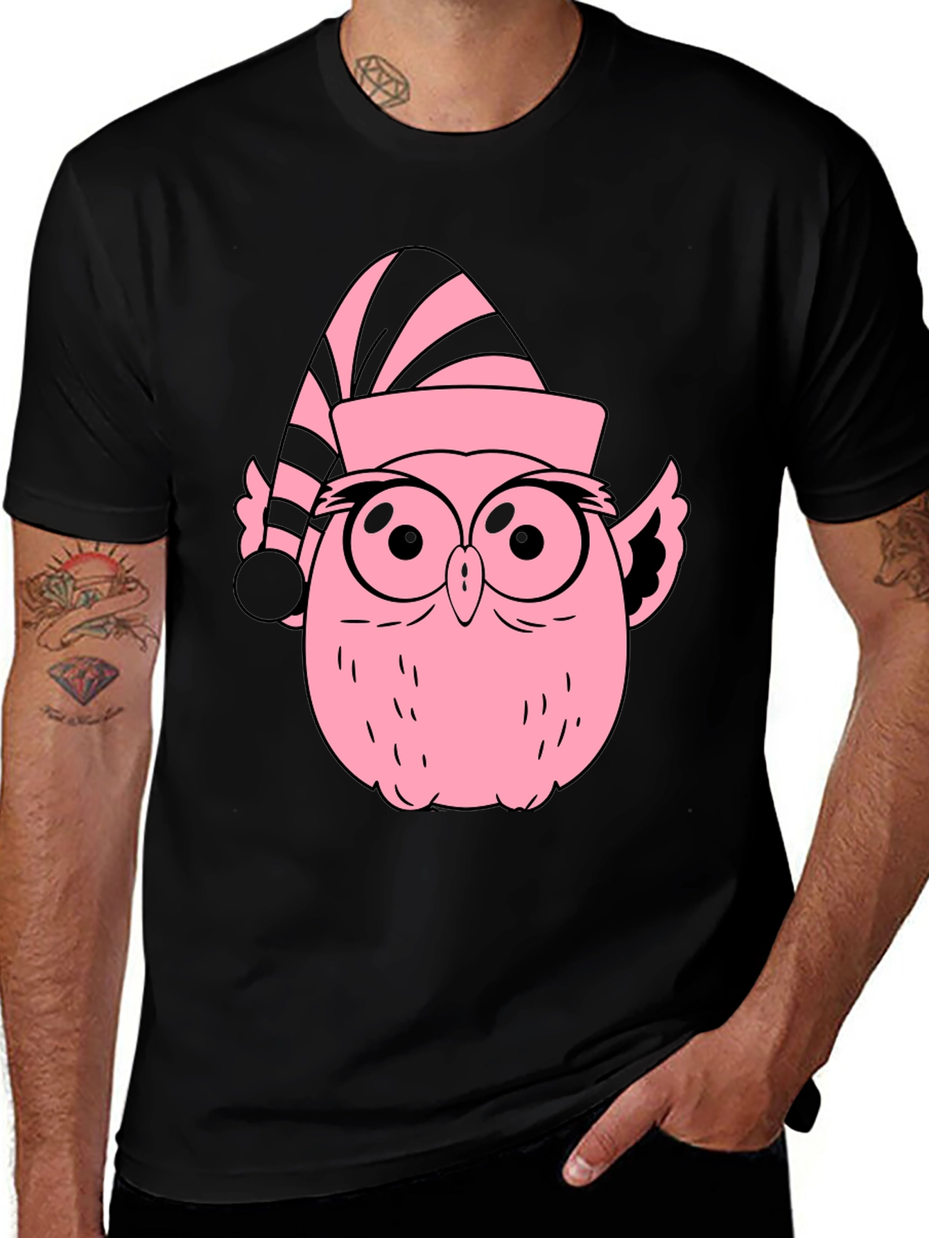Owl Nightcap T-Shirt - Sleepy Pink Cartoon Owl Tee