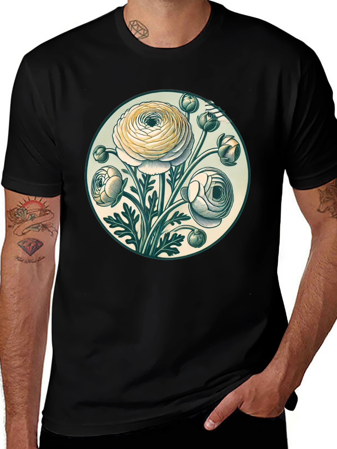 Variant 12 of Floral Graphic Tee - Botanical Art Black T-Shirt