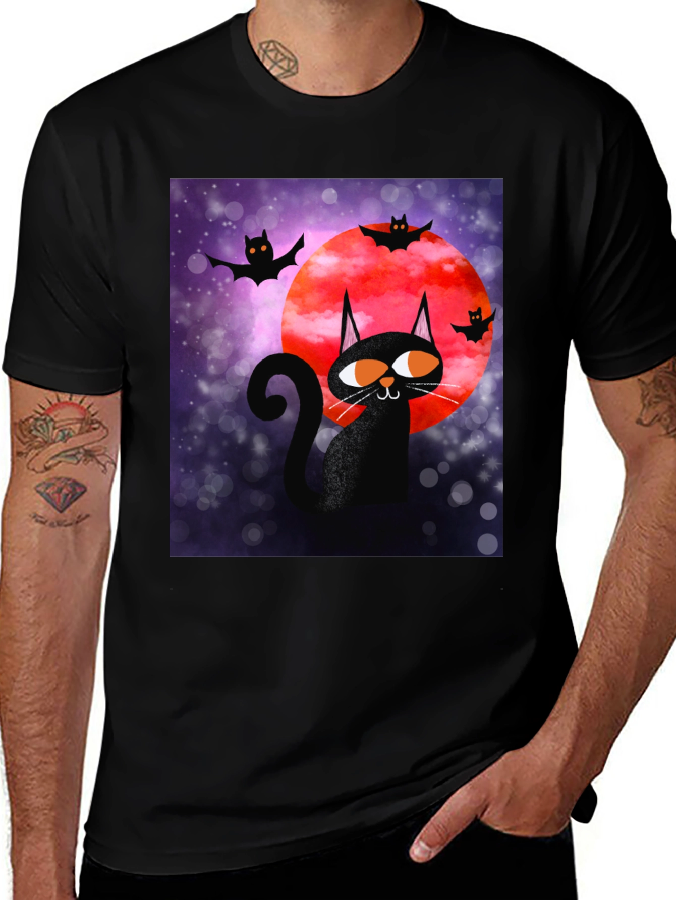 Halloween Cat & Bats Graphic Tee