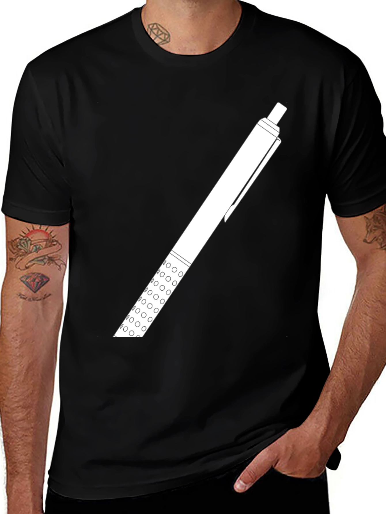Variant 9 of Novelty Pen T-Shirt - Black Cotton Tee with White Pen Graphic