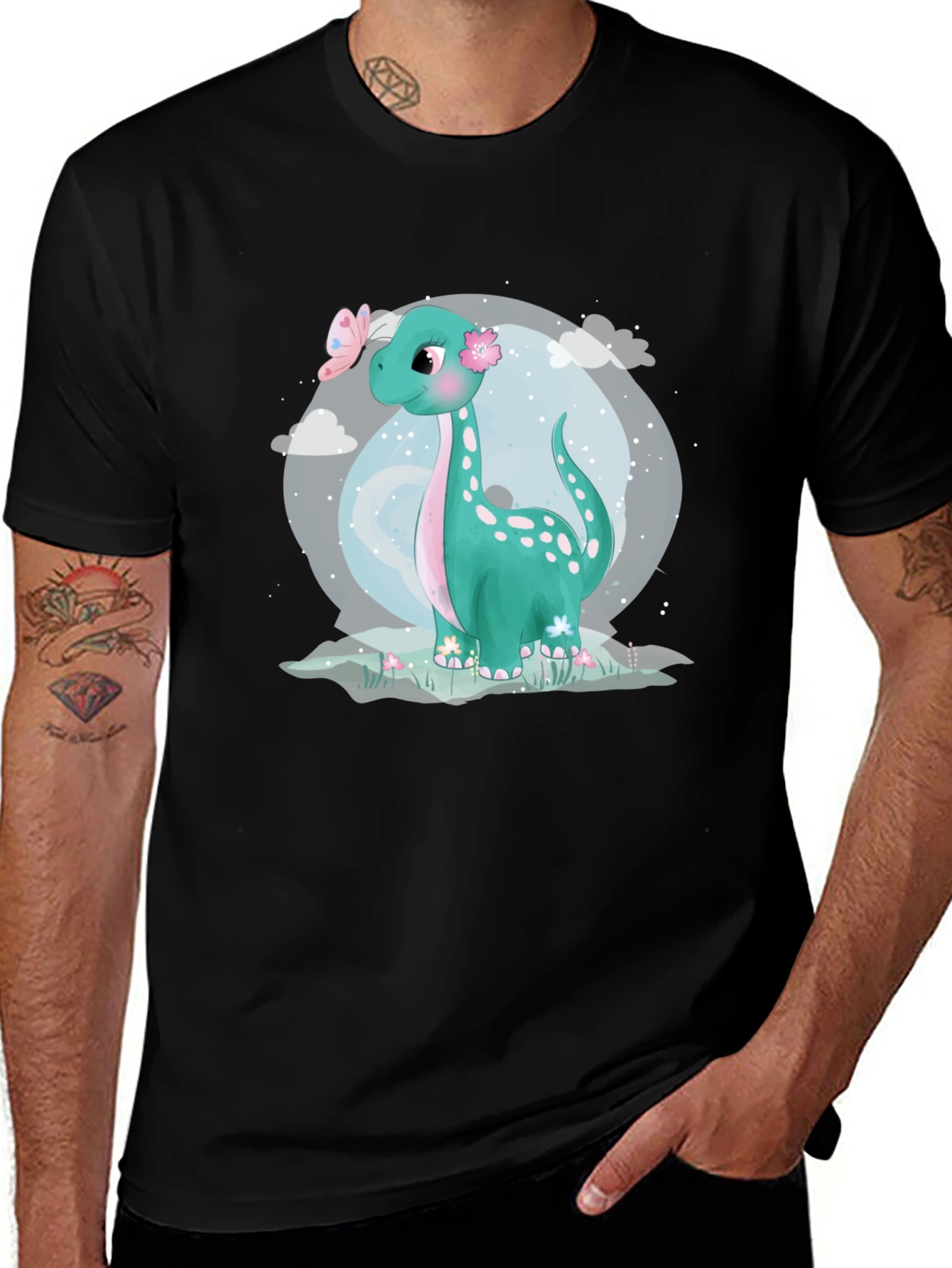 Variant 24 of Cute Dinosaur Graphic Tee - Black Cotton T-Shirt
