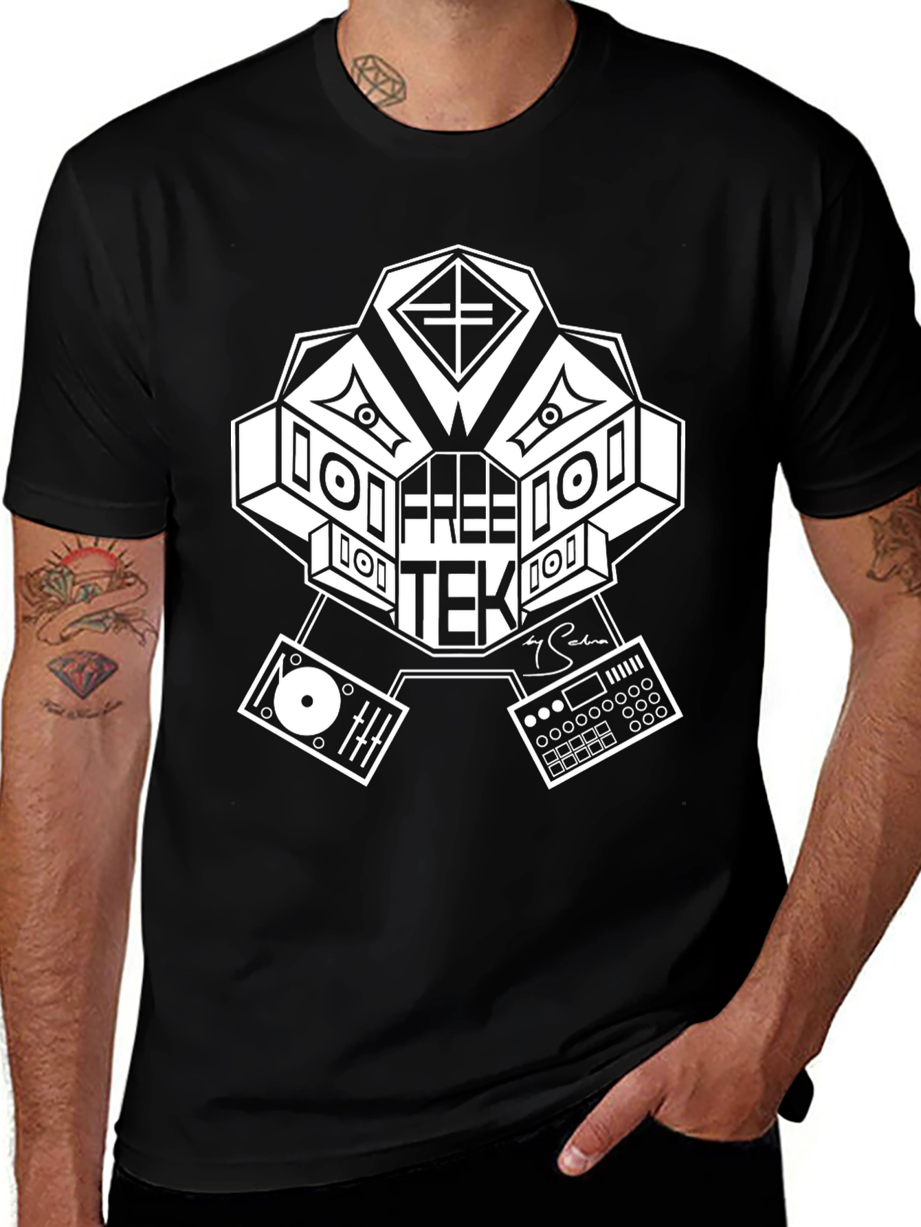 Variant 5 of Free Tek DJ Graphic T-Shirt - Black Crew Neck Tee