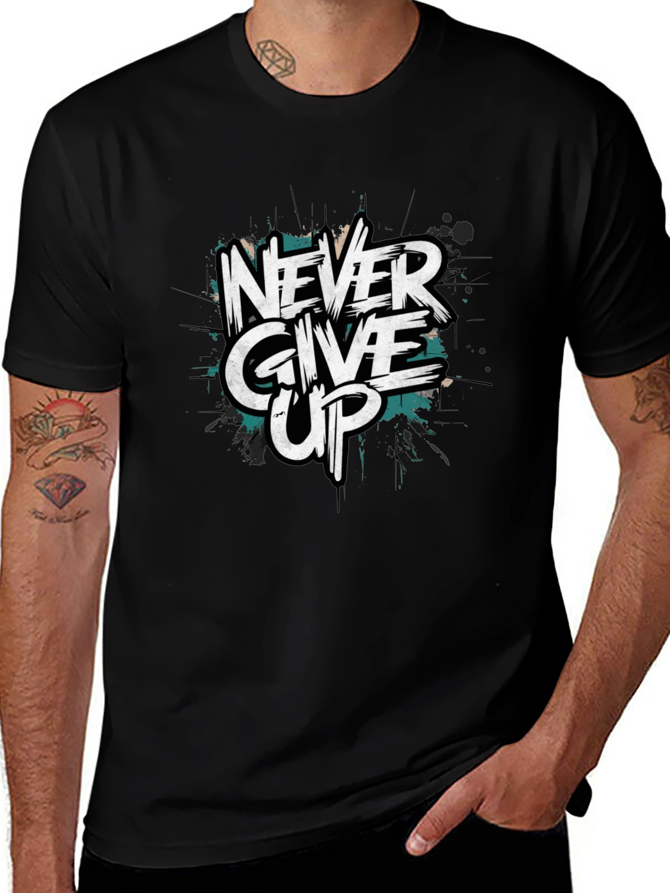 Variant 26 of Never Give Up Graphic Print Black T-Shirt