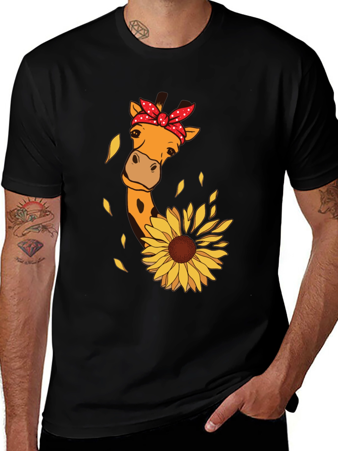 Variant 8 of Giraffe & Sunflower Graphic Black T-Shirt