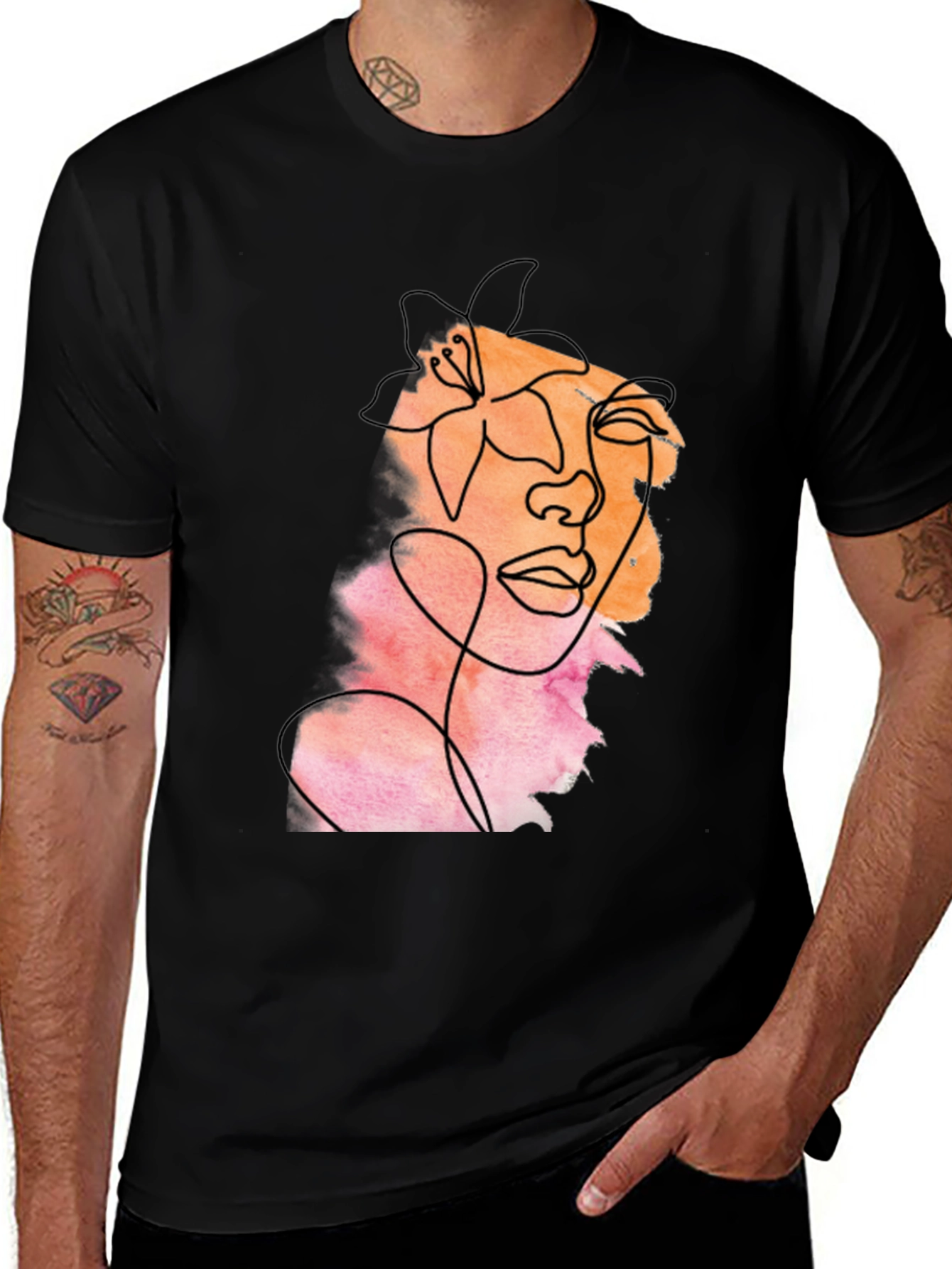Abstract Face Line Art Black T-Shirt