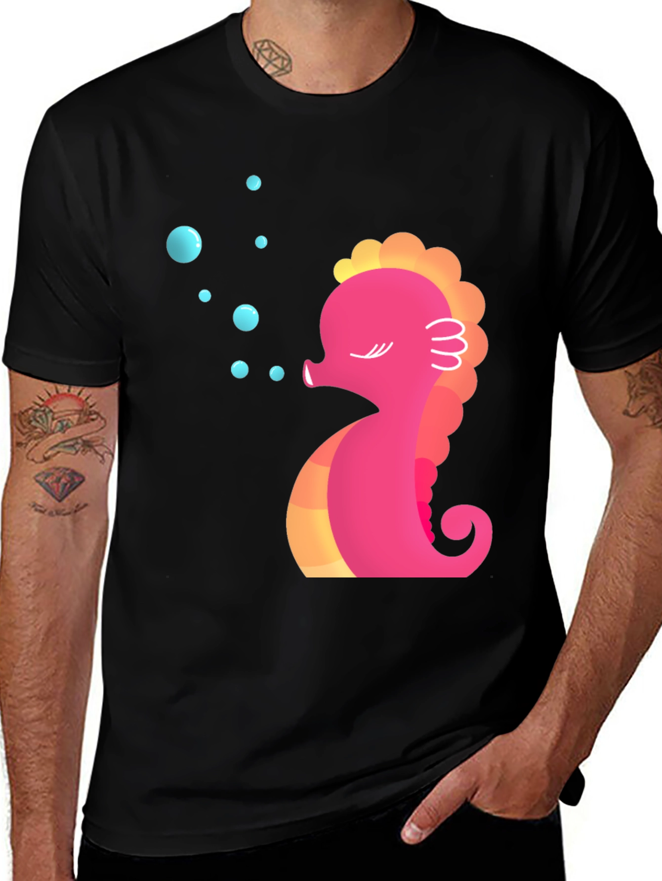 Variant 30 of Cute Seahorse Blowing Bubbles Black T-Shirt
