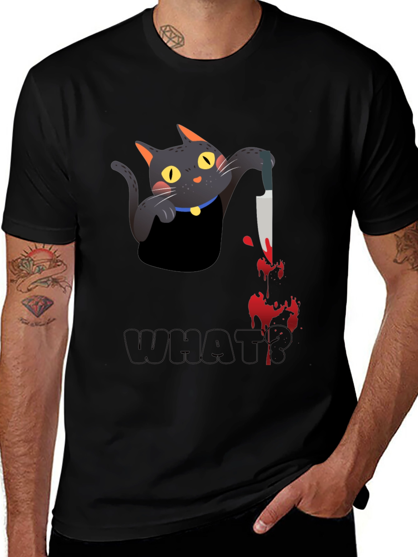 Variant 28 of Cat With Knife Black T-Shirt - What?