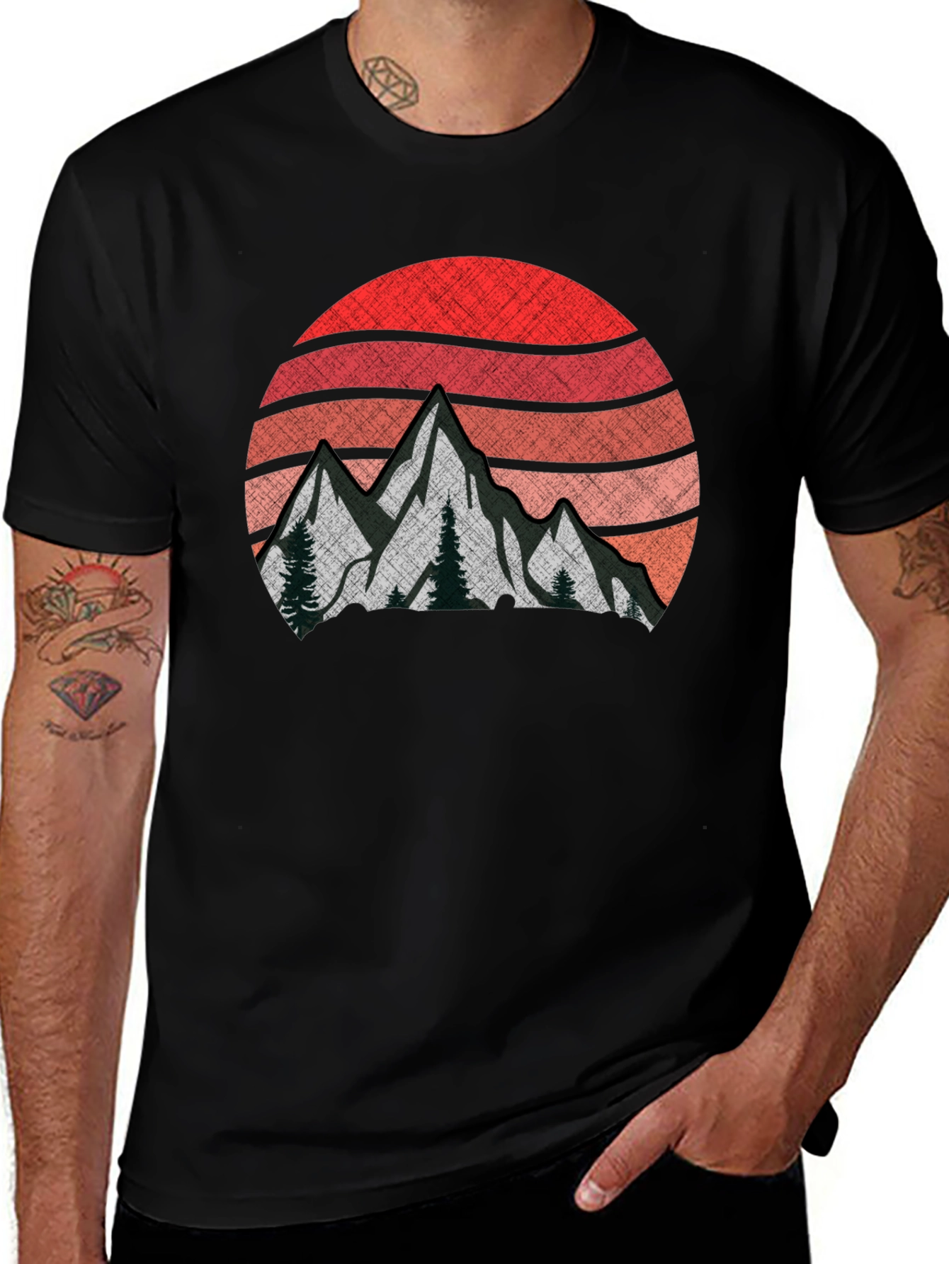 Variant 6 of Retro Mountain Sunset Graphic Tee - Black