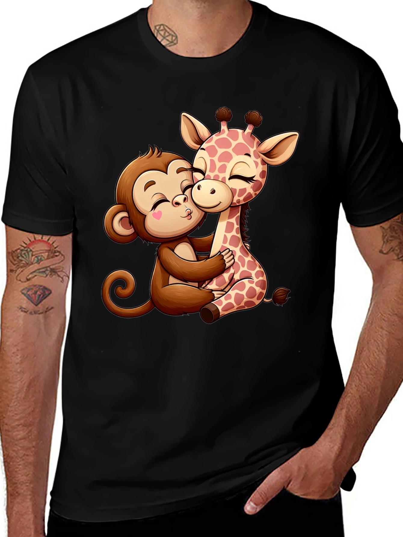 Variant 4 of Monkey and Giraffe Hug Graphic Tee