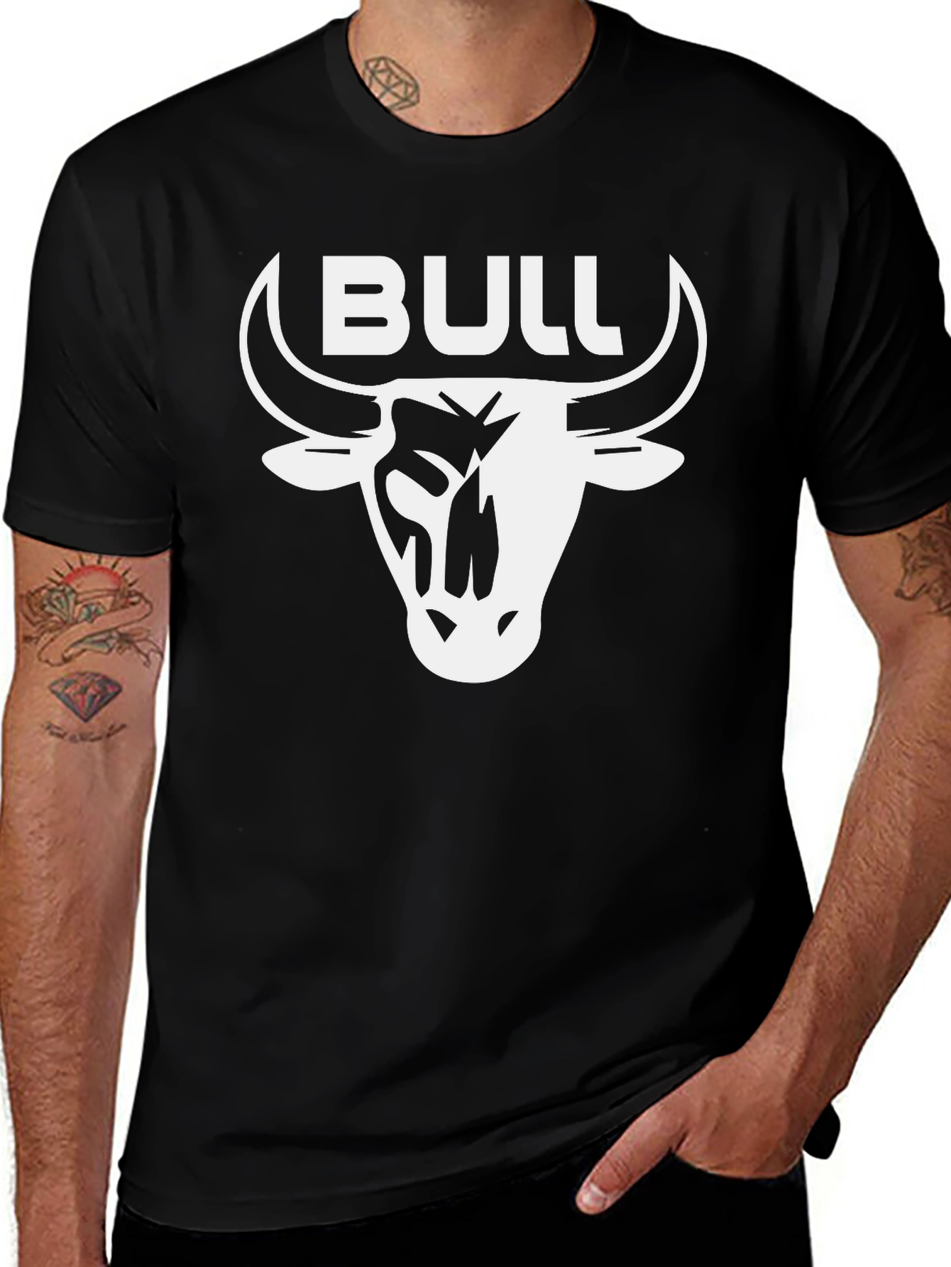 Variant 27 of Bull T-Shirt - Black Crew Neck with White Graphic