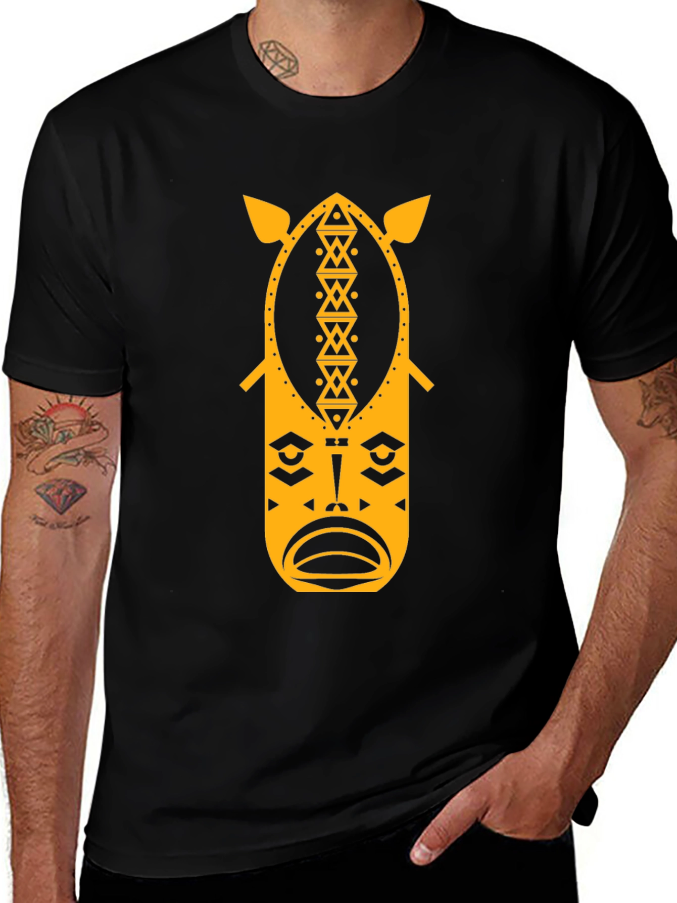 Variant 3 of Tribal Mask Graphic Tee - Stylish Men's Black T-Shirt