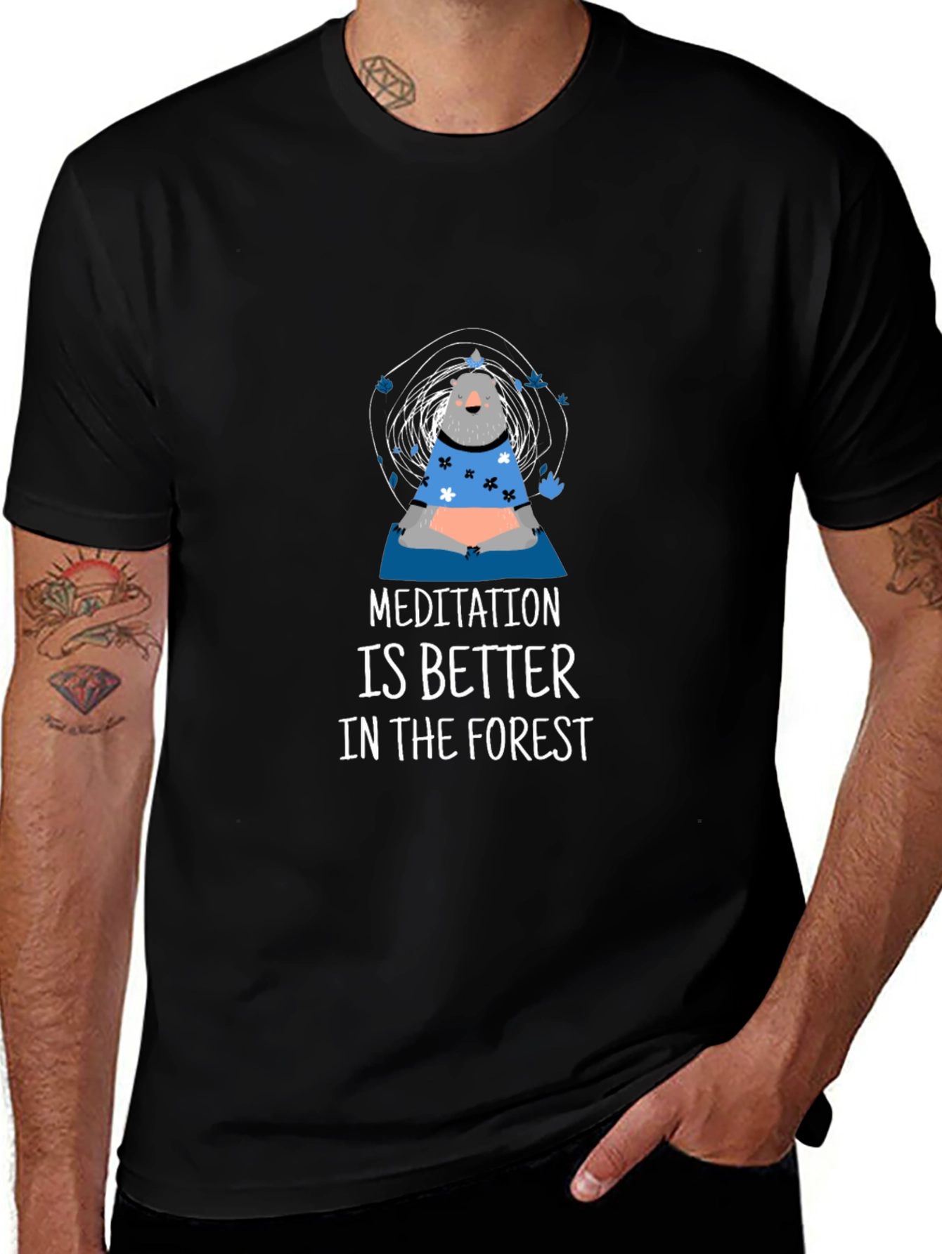 Variant 21 of Meditating Forest Bear T-Shirt - Black Cotton Tee