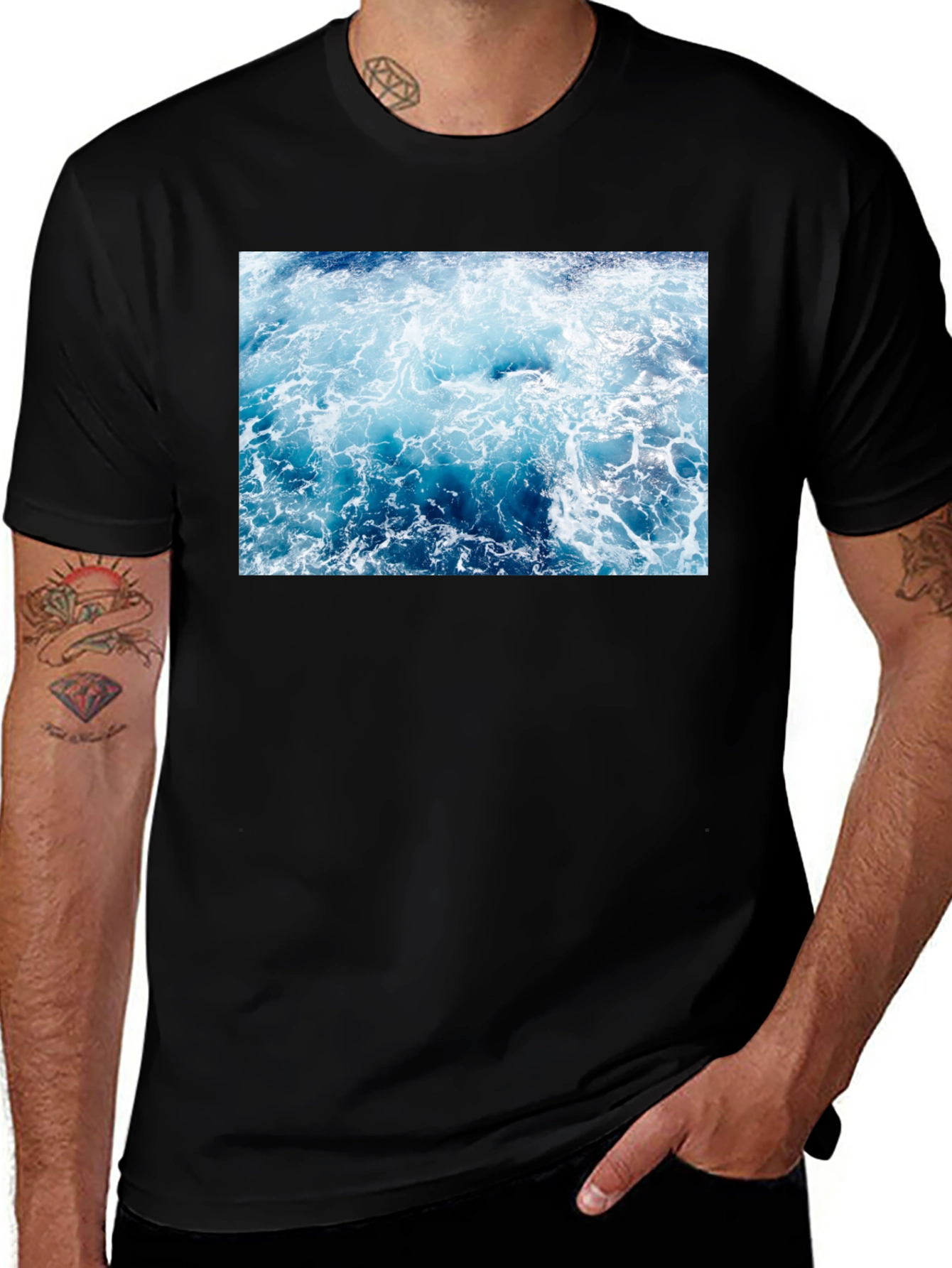 Variant 14 of Ocean Wave Print Black Crew Neck T-Shirt